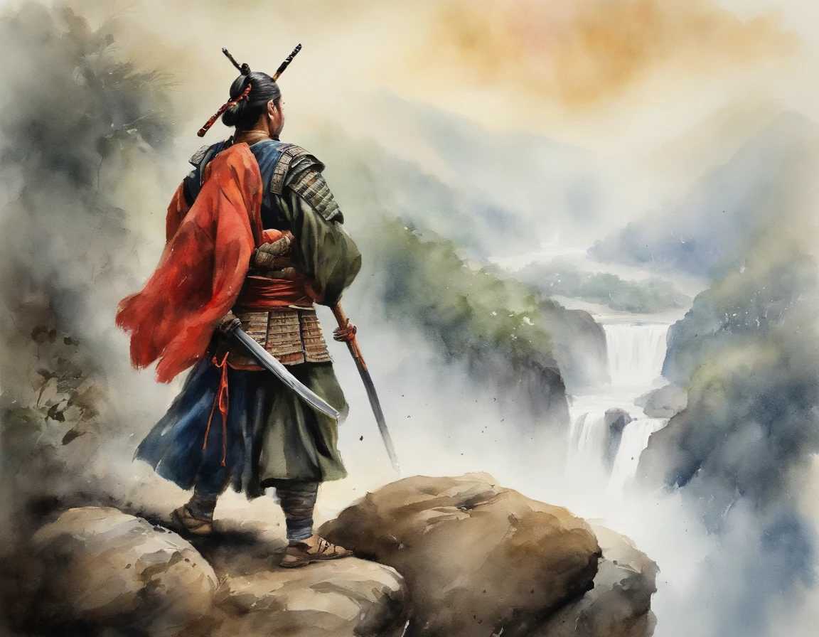 (um SAMURAI,behind,Standing on a mountain,Imagem de,cachoeira e rio,de volta voltada para os telespectadores,Folha de outono voando)(fotorrealista,ultra-detalhado)