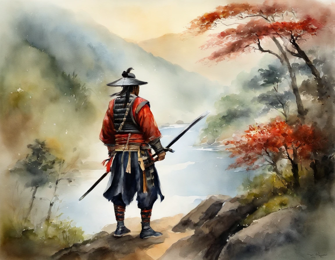 (um SAMURAI,behind,Standing on a mountain,Imagem de,cachoeira e rio,de volta voltada para os telespectadores,Folha de outono voando)(fotorrealista,ultra-detalhado)