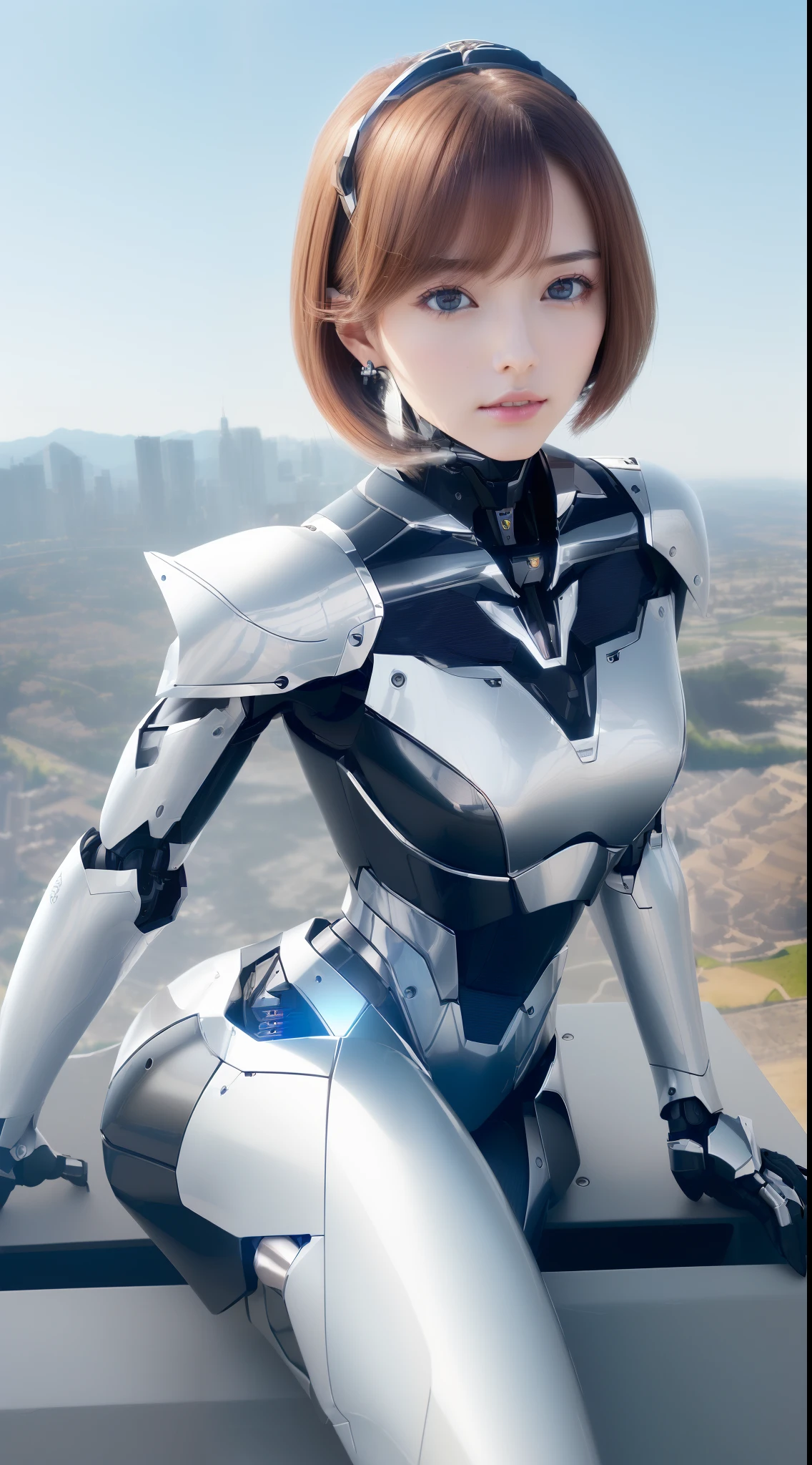 ((masutepiece)), ((top-quality), high quarity、ultra-definition, (Realistic),  ((well proportioned face))、fulcolor 、(scientific fiction)、(独奏)、Beautiful robot woman、Combat Robots、((Perfect robot joint))、(((Detailed Computer)))、(Electronic substrate)、(((machine components)))、(White porcelain mechanical armor)、(Oval curvaceous face)、(almond shape eyes)、thin mouth、deadpan、((Perfectly shaped machine hand))、(Outside the city)、Perfectly shaped robot legs、Sit up