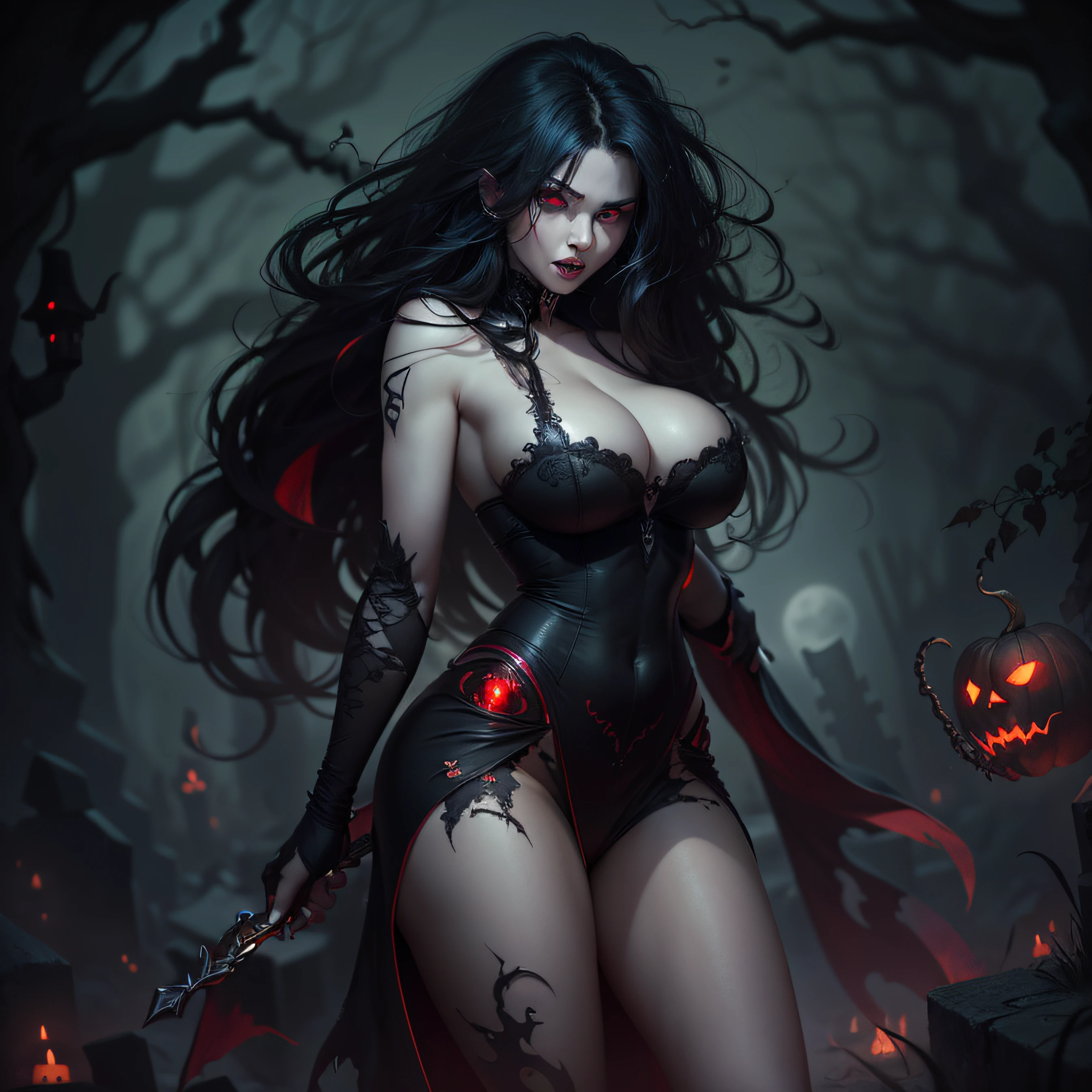 (sexy, busty, attractive) girl with (long, black) hair and (pale, fair) skin. She has (seductive, mesmerizing) (red) eyes and (sharp, visible) vampire fangs. She is naked, big breasts, full body shot, sexy body, The scene is set in a (spooky, eerie) graveyard (at night) under a (full) moon.