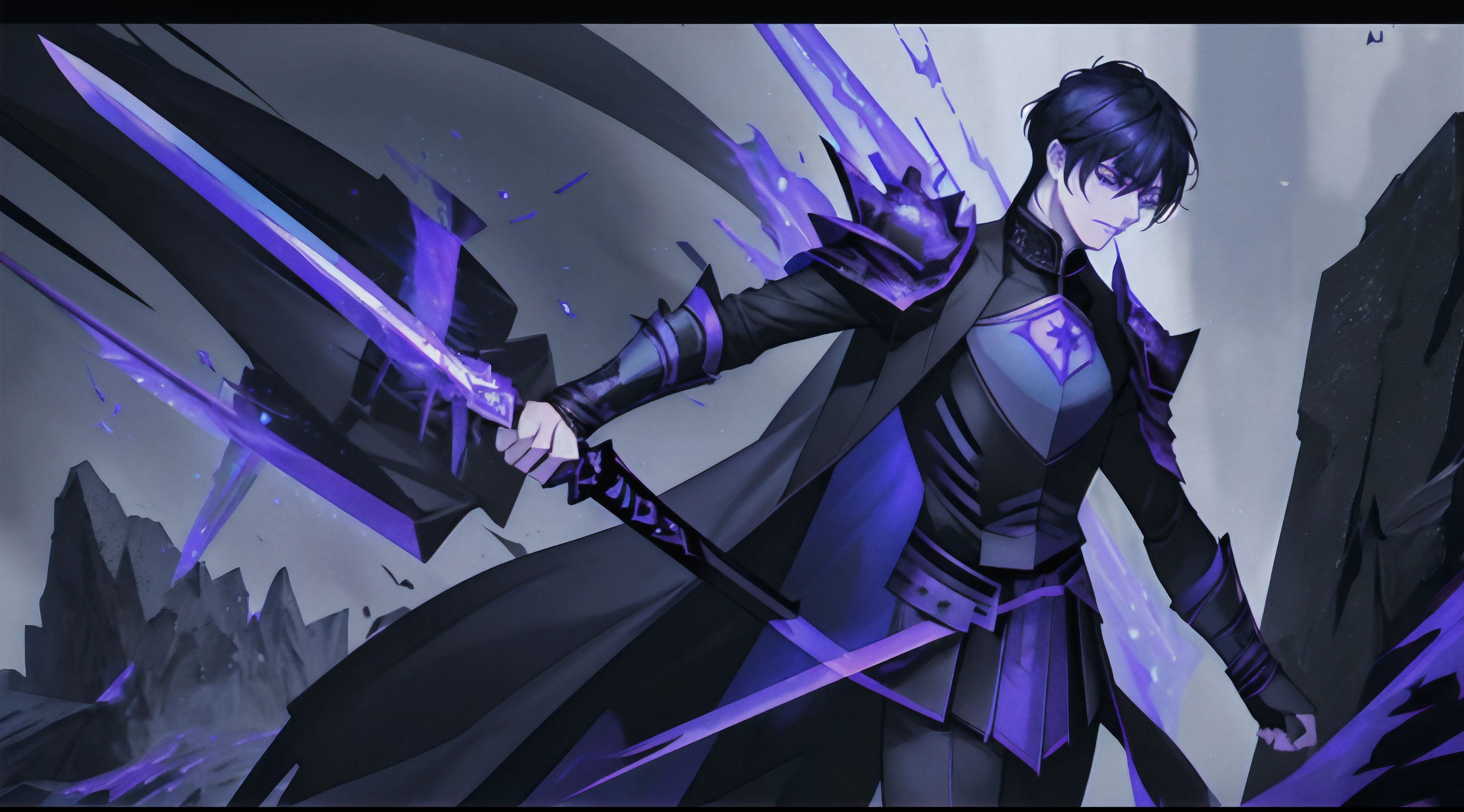 Asian Human with blue eyes and black haired, wearing purple armor fighting a demon-like human with dark aura and purple eyes Male with black armor , Full body, Cinematic shot , 8k Quality , weilding greatsword, clashing swords, sword clinging duel,badass, wearing black armor, black auras, best quality, dark magic, full body shot, cinematic