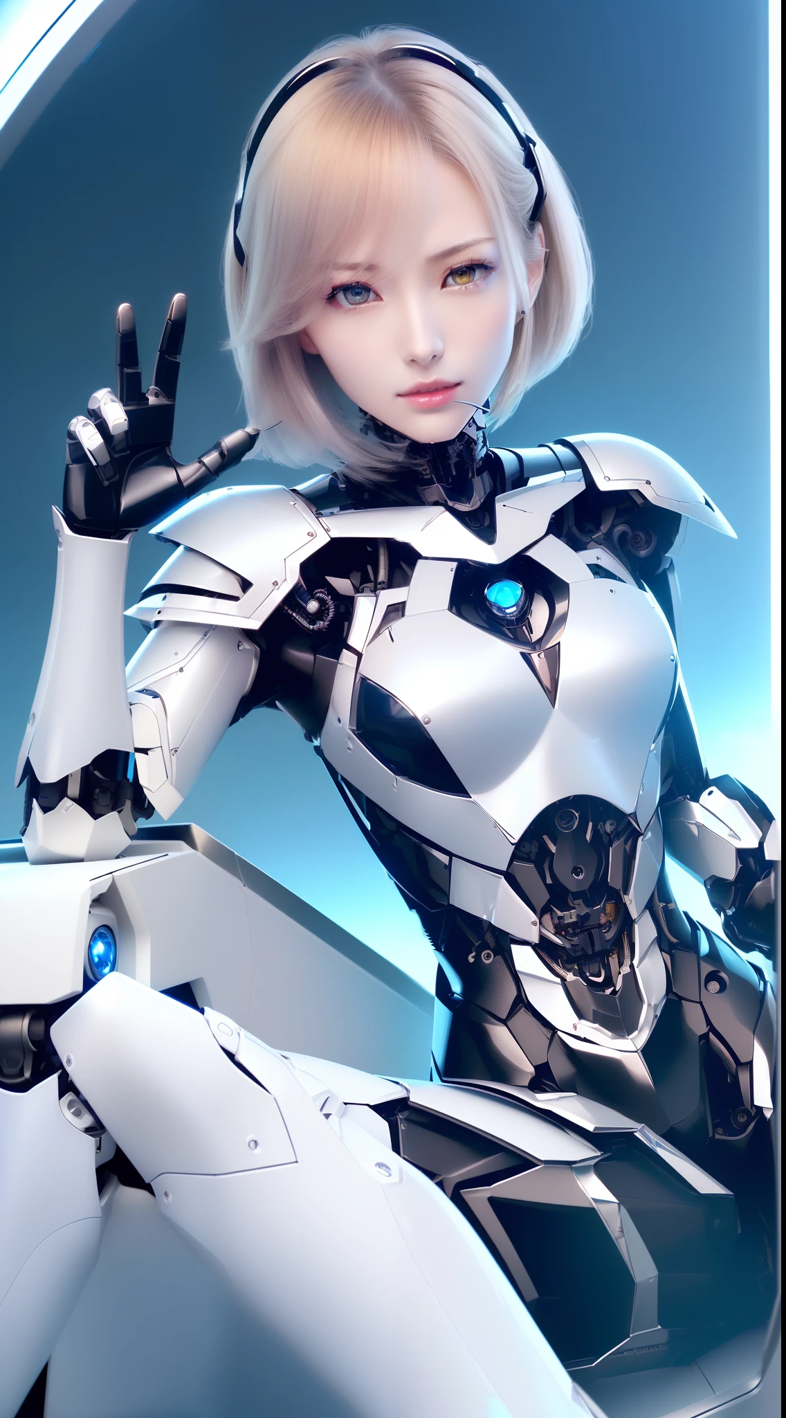 ((masutepiece)), ((top-quality), high quarity、ultra-definition, (Realistic),  ((well proportioned face))、fulcolor 、(scientific fiction)、(独奏)、Beautiful robot woman、Combat Robots、((Perfect robot joint))、(((Detailed computer parts)))、(Electronic substrate)、(((machine components)))、(White porcelain mechanical armor)、(Oval curvaceous face)、(almond shape eyes)、thin mouth、deadpan、((Perfectly shaped machine hand))、(Outside the city)、Perfectly shaped robot legs、Sit up
