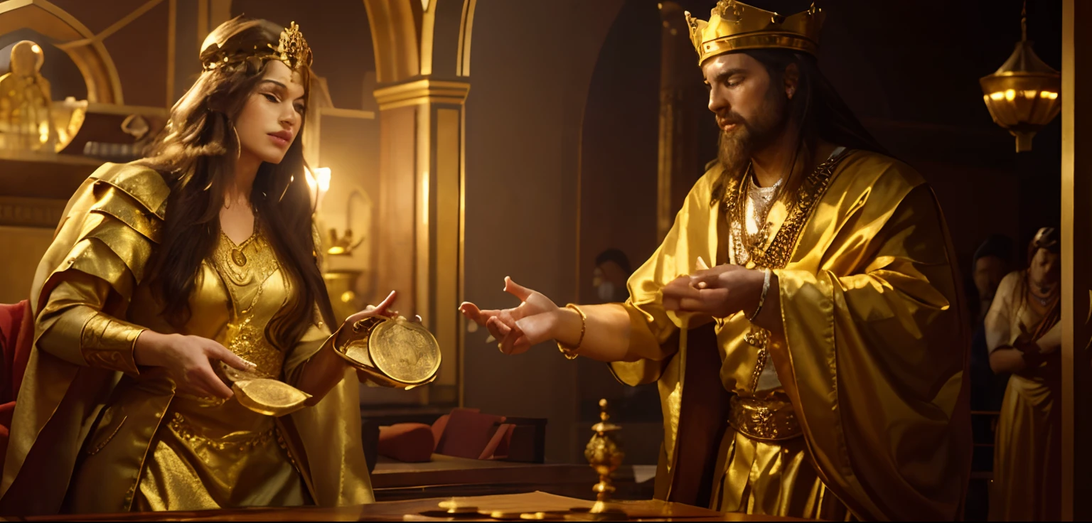 create an image of King Solomon and a queen handing over several gold coins