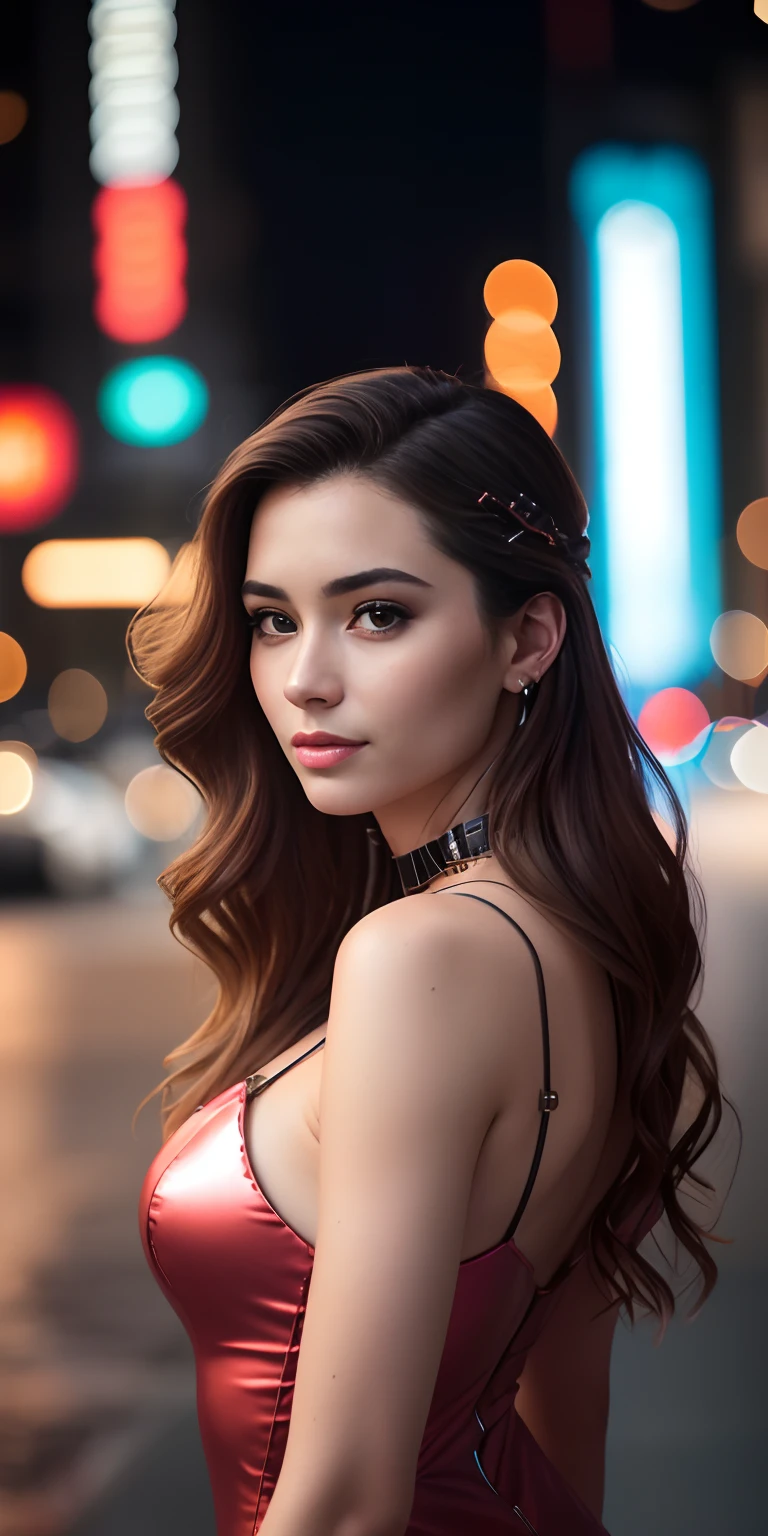 Full face portrait photo of a 25-year-old European girl, RAW, beautiful woman, semi-open strawberry lips, dimples, wistful look, (extra long wavy brown hair), ((detailed face)), ((detailed facial features)), (finely detailed skin), pale skin, (deep neckline detailed high-tech cyberpunk dress), cyberpunk megacity environment, (cool colors), damp, damp, reflections, (masterpiece) (perfect proportion)(realistic photo)(best quality)  (detailed) shot on a Canon EOS R5, 50mm lens, F/2.8, HDR, (8k) (wallpaper) (cinematic lighting) (dramatic lighting) (sharp focus) (intricate),RAW photo, gigachad photo, posing for camera, 8k uhd, dslr, high quality, grain film, Fujifilm XT3