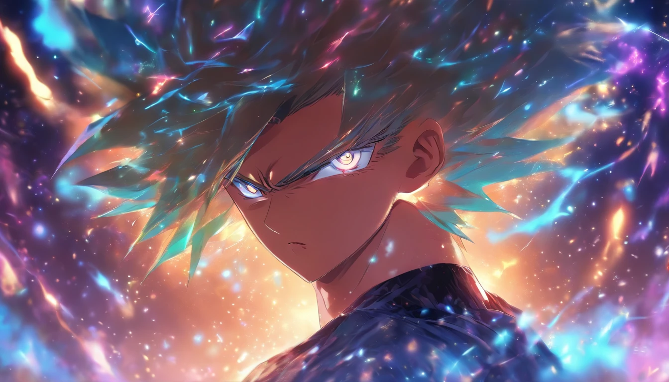 masterpiece、Adults、30Uncle of the Generation、twinks、forehead、30-years old、A brown-haired、Black jacket、Black pants、white t-shirts、Give bangs、Sticking out your forehead、twinks、Eyes drawn in detail、a handsome、starrysky、Mystical light、Dramatic light、Cinematic power