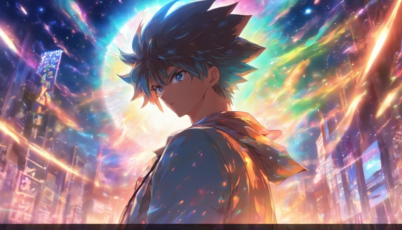 masterpiece、Adults、30Uncle of the Generation、twinks、forehead、30-years old、A brown-haired、Black jacket、Black pants、white t-shirts、Give bangs、Sticking out your forehead、twinks、Eyes drawn in detail、a handsome、starrysky、Mystical light、Dramatic light、Cinematic power