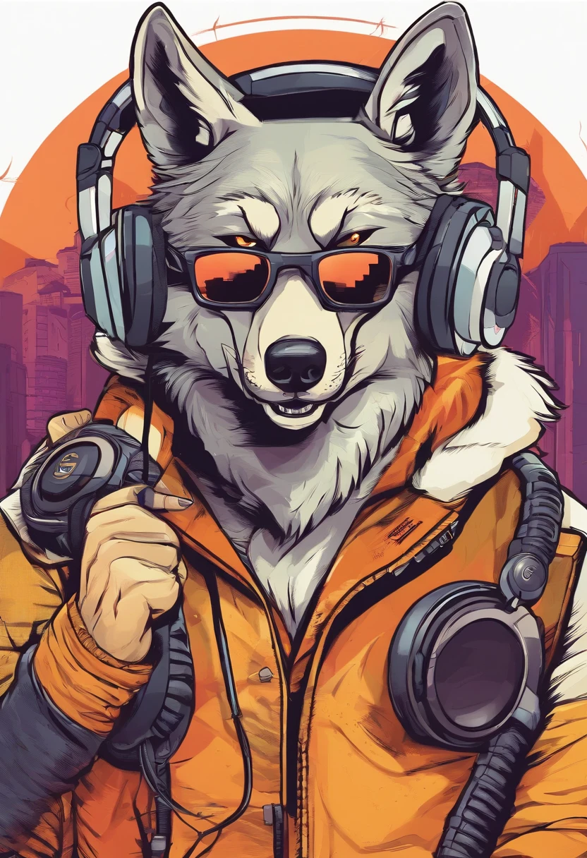 Create a gaming logo of a wolf holding a controller with headphones on