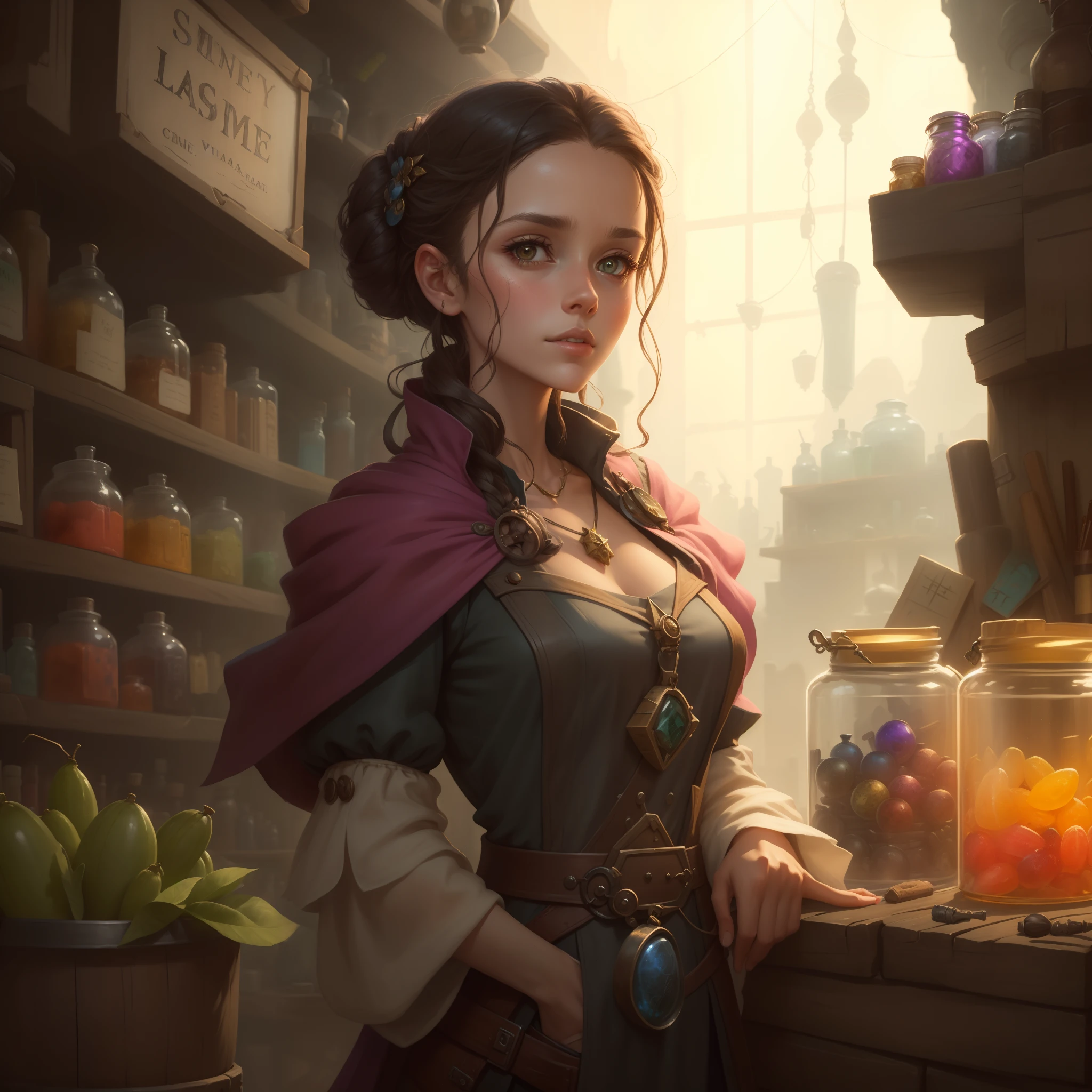 beautiful ginger women in detailed dress at cozy detailed potions shop, air above hair, IPA award wining, masterpiece, made with professional high quality camera, intense contrast, detailed painting matrix, perfect colors, perfect setup,