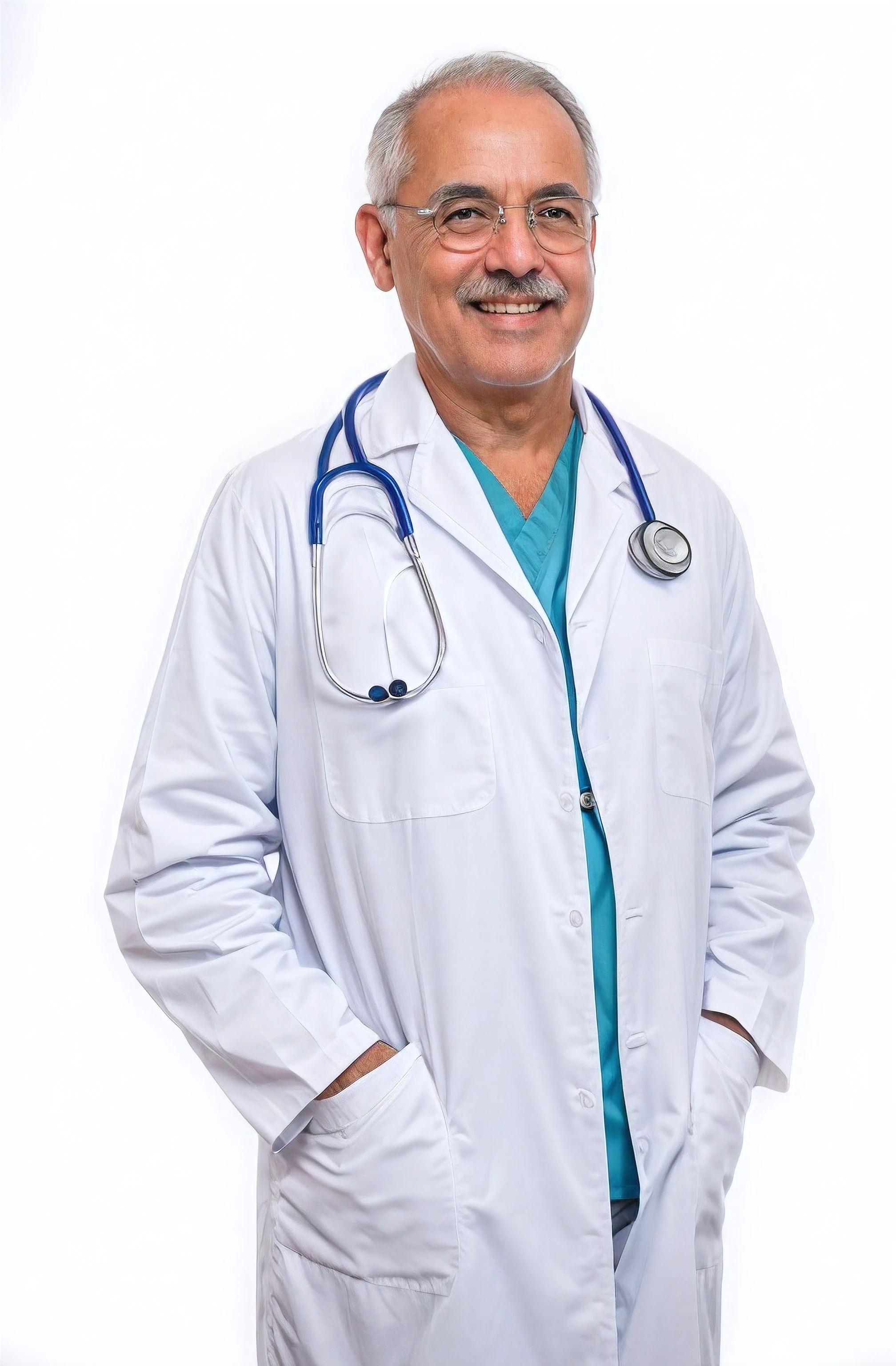 70 year old doctor with a stethoscope wearing white lab coat, com tshirt azul marinho por baixo, com oculos e bigode, cabelo grisalho, raw photo, amazing photograph, best quality, 8K, high quality, Ultra detailed, (best quality), (high detailed skin, full sharp:1.2), 8k uhd, dslr, detailed face