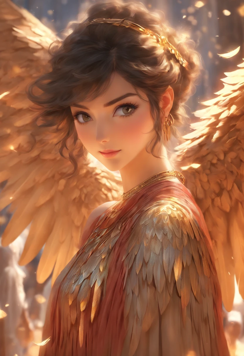 (((Woman with wings))) Best quality, Ultra-high resolution, 4K detailed CG, master piece,ishtar,Brunette woman,decorations,wings, necklace, arabian clothes, (((Flying))), cuneiform ,Myth Mesopotamia, Kadia, Babylonians, Assyrians, Painting style, Aesthetics, Beautiful image, Depth of field, Focus on the canvas, full bodyesbian