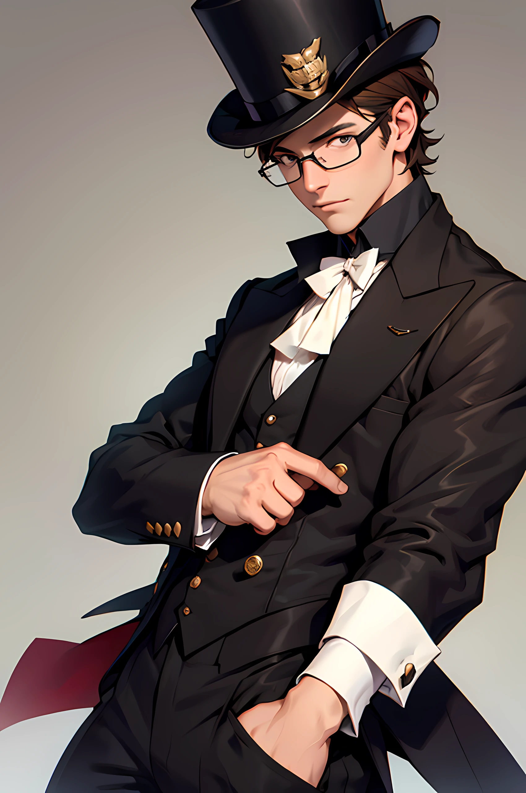 Man, Brown Hair, Black Clothes, Glasses, Top Hat, Short Hair,