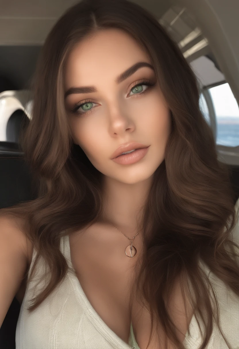 arafed woman with large breasts, sexy girl with green eyes, portrait sophie mudd, brown hair and large eyes, selfie of a young woman, bedroom eyes, violet myers, without makeup, natural makeup, looking directly at the camera, face with artgram, subtle makeup, stunning full body shot, piercing green eyes, beautiful angle, cute girl, full body picture, full body, full body shoot, brunette goddess, high detail, sexy pose, on a private jet