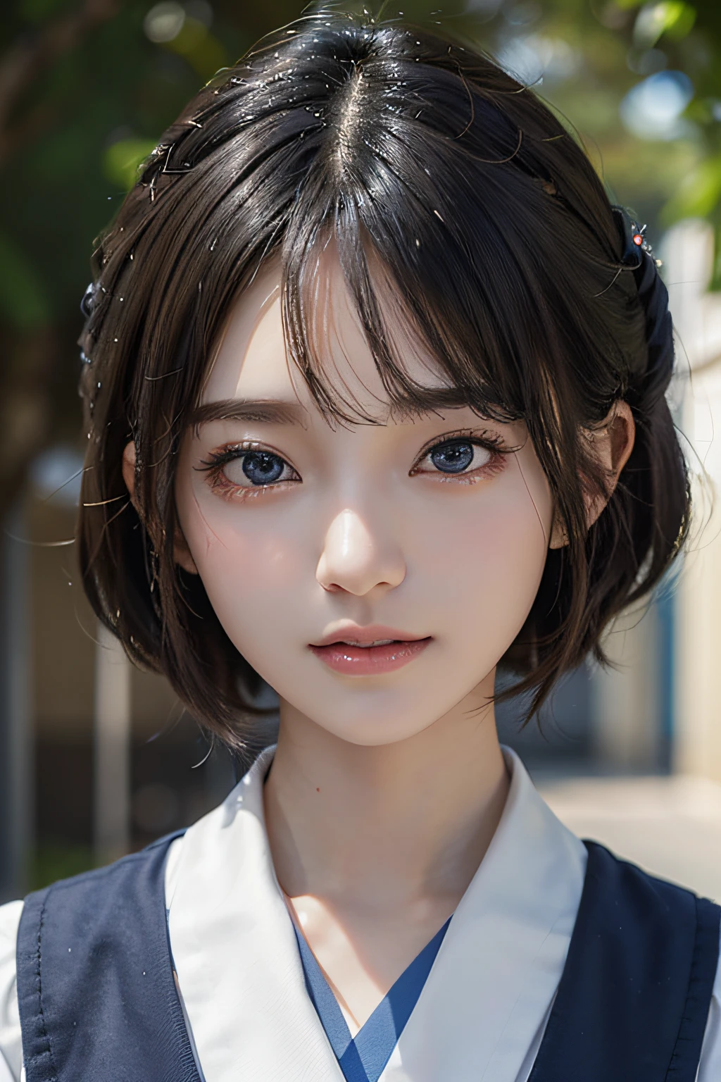 ​masterpiece, 1 beautiful girl, A detailed eye, Swollen eyes, top-quality, 超A high resolution, (reality: 1.4), 电影灯光, japanes, Trendy Korean Cosmetics、a asian beauty, very extremely beautiful, Beautiful skins, A slender, Forward-facing body, (A hyper-realistic), (hight resolution), (8K), (ighly detailed), ( Best Illustration), (beautifully detailed eyes), (ultra-detailliert), (wall-paper), 详细的脸, Bright lighting, Professional Lighting, looking at the viewers, Facing straight ahead、a pixie cut、Neat and clean clothing、background slightly blurred、Hair color is black、Hair color is partially bright blue、Japanese high school  girl、School white and navy blue uniform、Amazing smile、Eye color is brown、huge tit