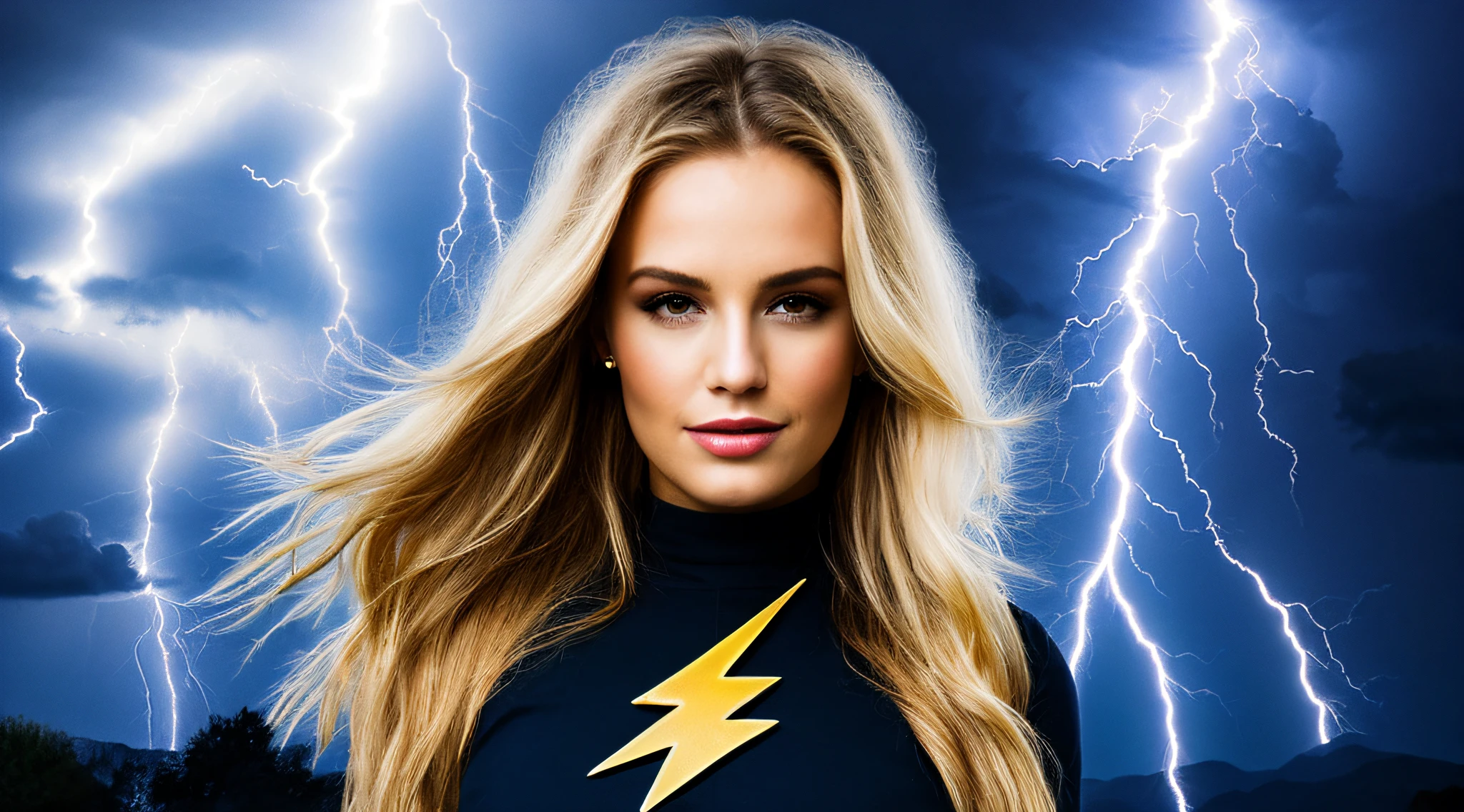 UM CLOSE UP KIDS BLONDE LONG HAIR , em um vestido segurando um giz de cera, with magical powers, she is attracting lightnings, splashes of lightning behind her, Professional studio lighting, lightning fantasy magic, magic lighting overlays, like a Lightning Mage, with lightning bolts, with lightning bolts, efeitos de raios, eletrizante, magic and lightning, lightnings