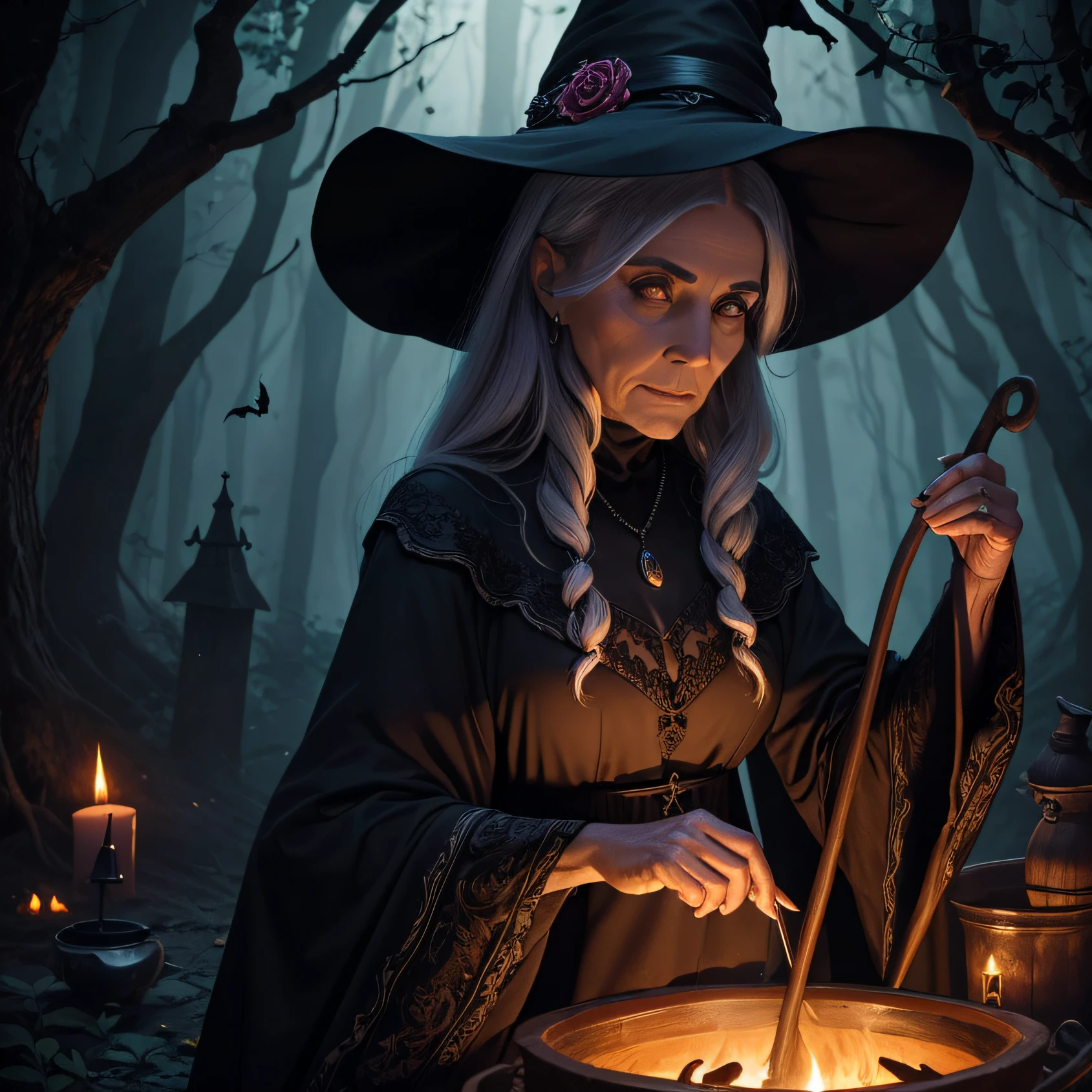 Create a vivid illustration of a medieval gothic witch, portraying an elderly woman in a long black hat, surrounded by bats, tending to a cauldron ablaze with a bubbling potion. Ensure that the scene is rich in color and set within a mysterious forest.