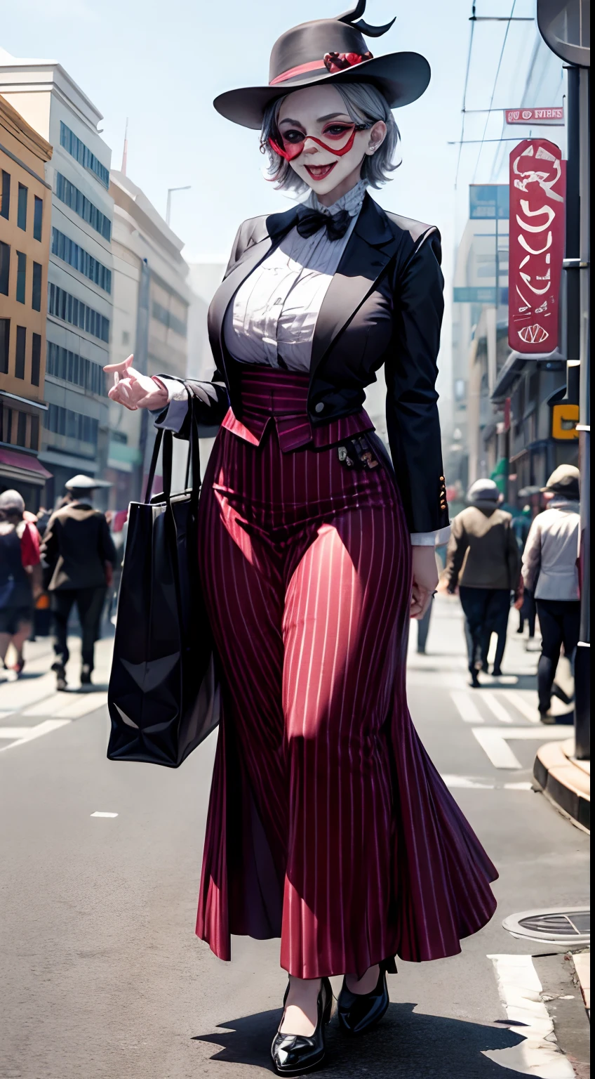 Joker dressed as a old woman wearing hat and having a bag, full body shot, on the crowded street, giga_busty