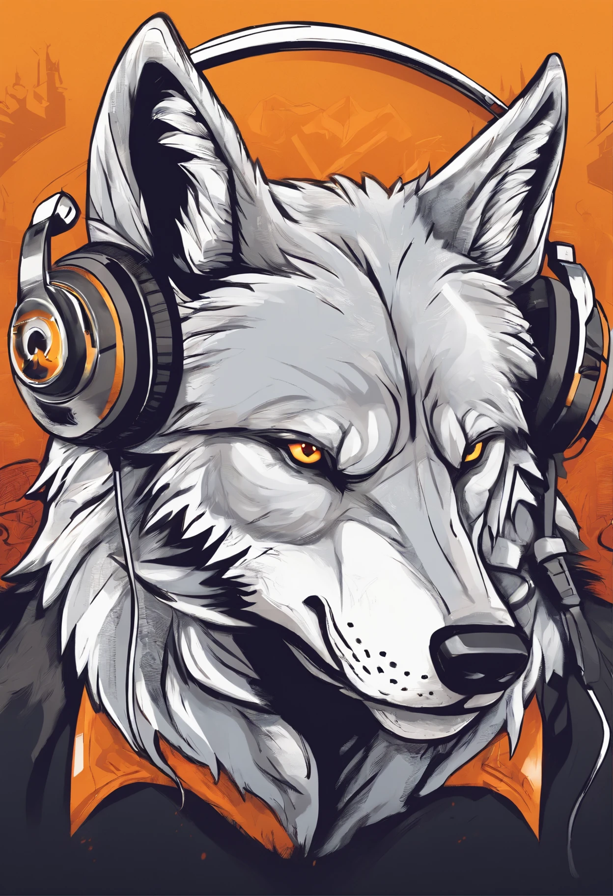 Create a  gaming logo of a wolf holding a controller with headphones on