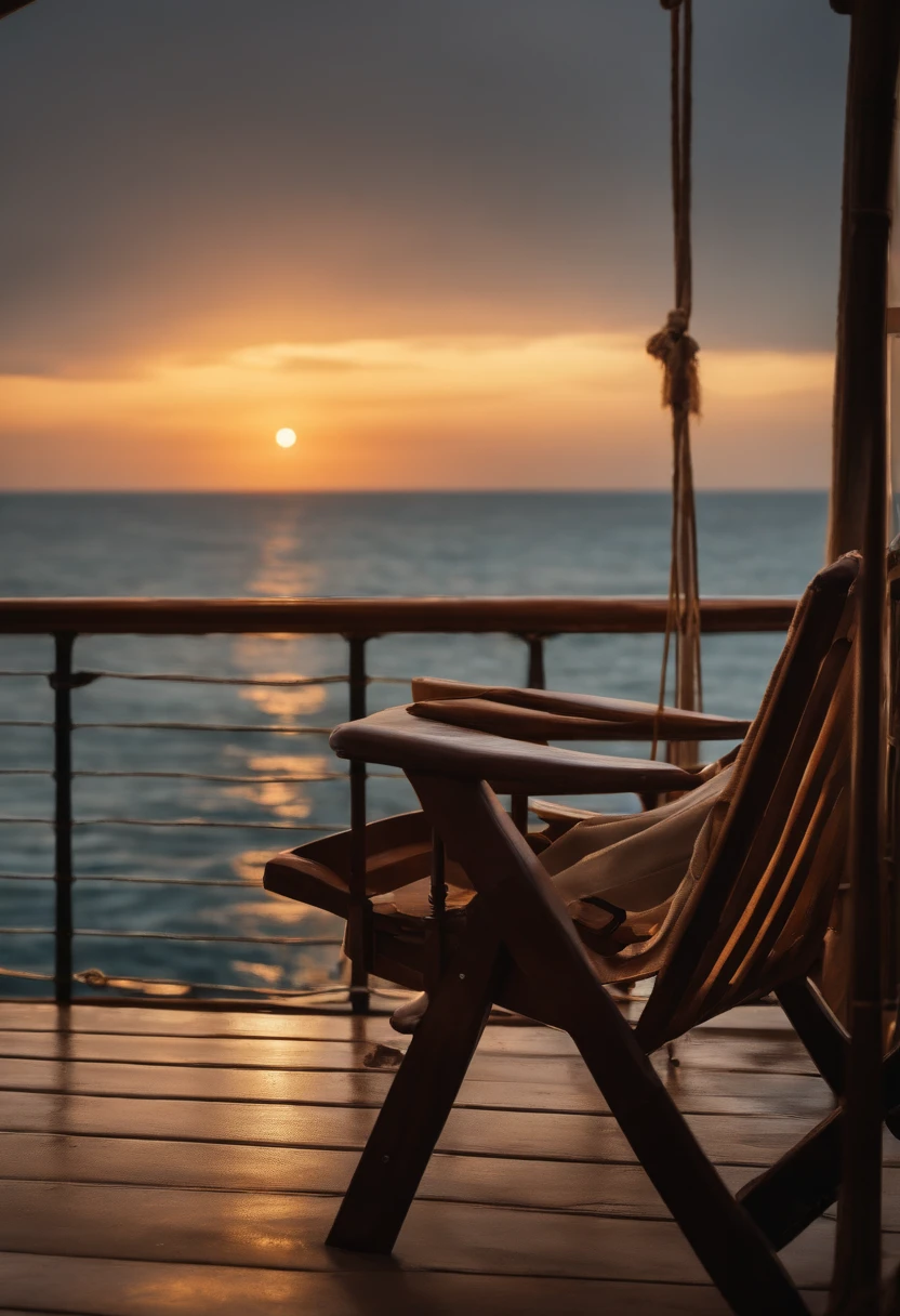 Vieux monsieur avec une barbiche，Sitting on a chair，dans la cabine d'un bateau, with a background on the ocean, regard de tueur，au centre de l'image , Bottes de pluie noires brillantes, 8k resolution,Wallpaper Masterpiece，Best quality，digital painting，Very meticulous，ultra high quality, Luminous lighting.
