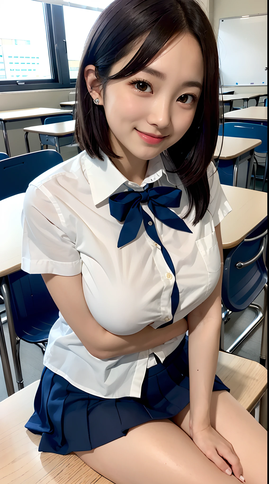 (in 8K, 超A high resolution, Best Quality, masutepiece:1.1),(18year old:1.1)、in 8K、RAW portrait of japanese girl、Photorealsitic、超A high resolution、top-quality、hi-school girl、White shirt、Hide all breasts、Navy Pleated Mini Skirt、I can see my panties、quite massive chest、toned body、black hair short cut、Sit with your legs wide open to the side、Mature and beautiful face、Cute smile、Navy Mini Skirt、Tback panty、Black socks、lowfers、Sit at a desk in the classroom