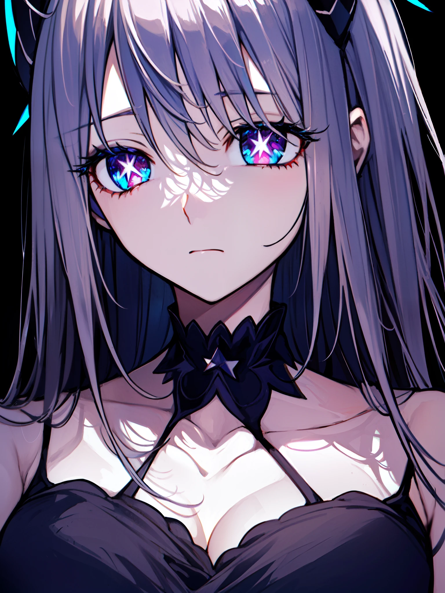 ruteko_(ruko220), ((mizura hairstyle)), ((monster girl)), two horns, ((dark black hair)), ((star-shaped pupils), bright blue eyes, sad expression, upper body, portrait, mature female, complementary colors, ((light skin)), 1girl, beautifully drawn, high resolution illustration, best quality, High definition, detailed anime sketch, Masterpiece, (solo), absurdres, detailed background, fine detail, female focus, HDR,