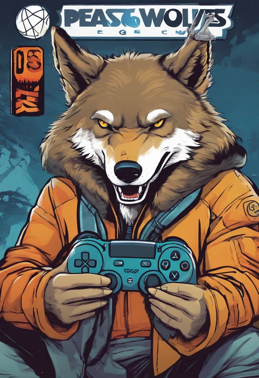 Gaming logo of a wolf holding a PS5 controller and wearing headphones with text Texas wolves