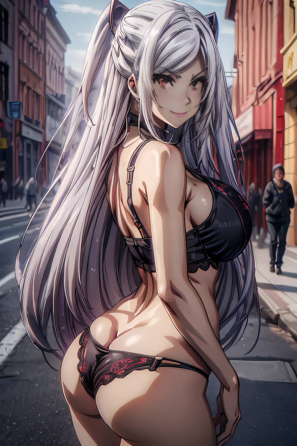 (((Alexia Midgar))), silver hair, red eyes, sly look, smiling, 4k resolution, masterpiece, cinematic, sharp focus, ray tracing, intricate details, perfect anatomy, (((Average breasts))) (((huge ass))) beautiful and cute lady, wearing only mini bra and mini panties, on the street, (slim), (thin thick), (small waist), (bare butt), 8k