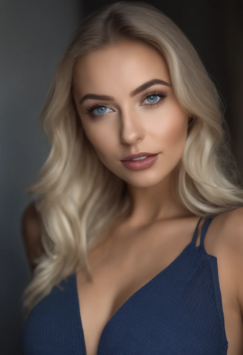 blonde woman in her 20's, blue eyes, selfie on couch, low light, night time, large breasts, real girl, portrait Mikayla Demaiter, portrait evie decker