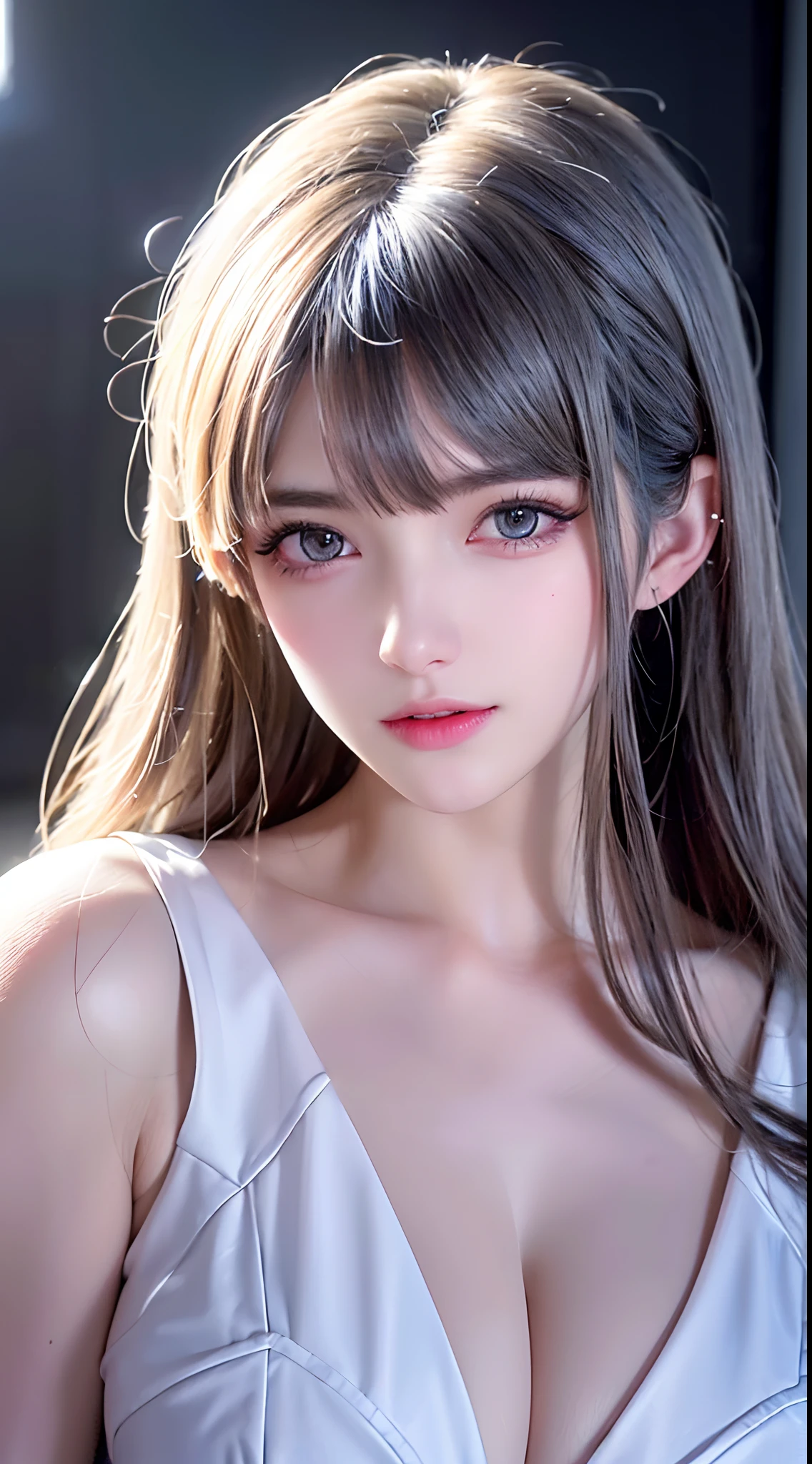 (best quality,4k,high resolution,masterpiece:1.2), ultra-detailed, photo-realistic, messy hair, disheveled hair, girl with heterochromia, playful expression, low-cut white blouse, tiptoeing, long legs, professional, portrait, beautiful detailed eyes, intense gaze, sharp focus, vibrant colors, studio lighting.
