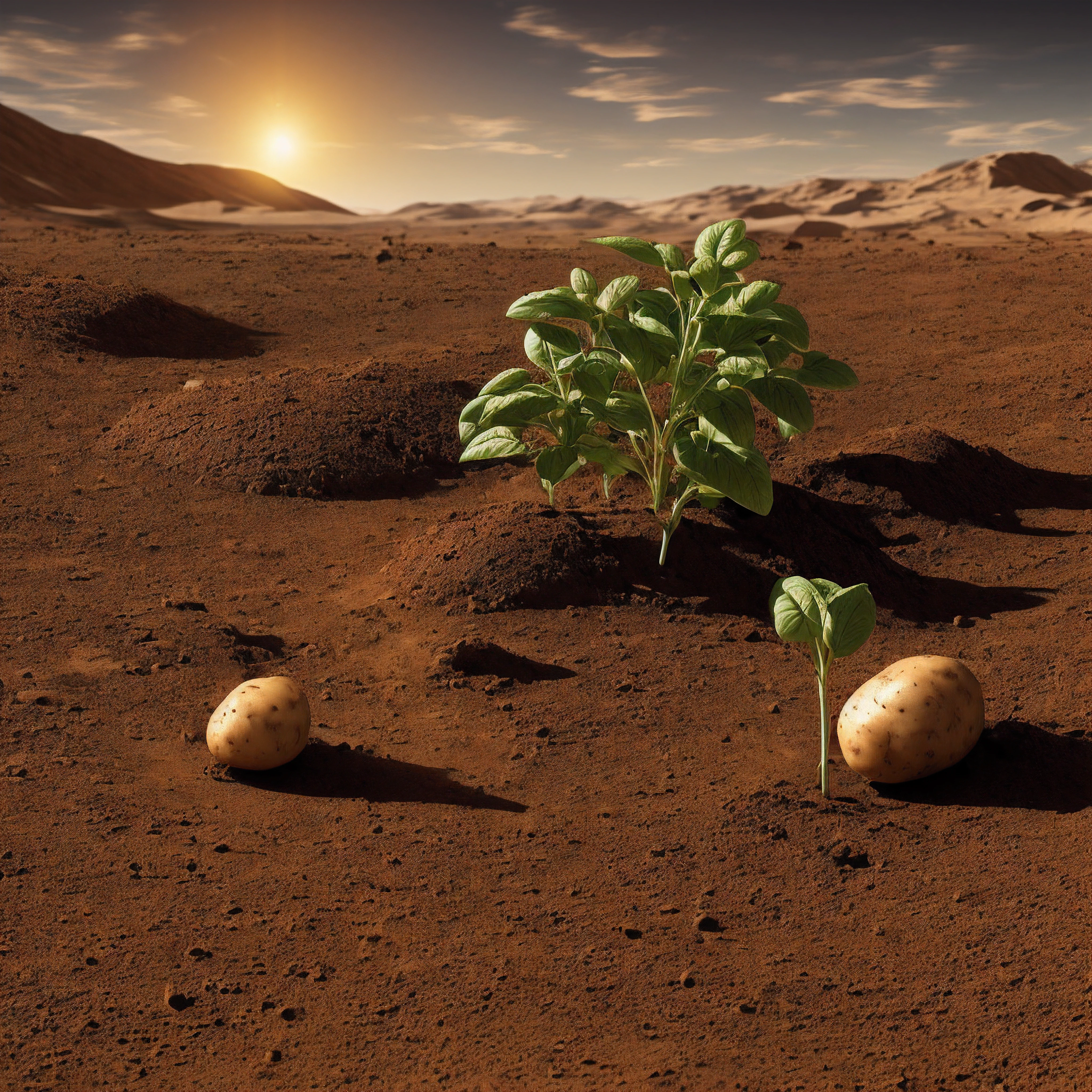 Once upon a time there was a potato named Spud who lived on a farm. Spud was an ordinary potato who spent his days growing in the dirt. But Spud had big dreams - he wanted to go to outer space!
One day, some scientists came to the farm looking for a potato to send to Mars. They needed to grow food on Mars as part of an experimental colony. The scientists picked Spud to go on the journey!
Spud was very excited as the scientists loaded him onto a rocket ship. "I'm going to Mars!" he said. The rocket blasted off in a burst of smoke and fire. Spud felt his sprouts tingle as the rocket soared into space.
After a long trip through the solar system, the rocket finally landed on Mars. Spud was planted in Martian soil inside a special greenhouse dome. At first the soil was rough and dry, but soon Spud was growing well. "This Martian soil isn't so bad," Spud said.
As the days went by, Spud grew bigger and bigger. The Martian sunlight felt warm on his leaves. Soon Spud became the first full-grown potato on Mars!
The scientists were very happy. Spud's success meant that potatoes could grow on Mars, and someday help feed Martian explorers. "One small spud for a plant, one giant root for potato-kind!" Spud said proudly.
Spud the potato lived out the rest of his days happily growing on Mars. His journey had taken him farther than any potato had gone before! And all because he dared to dream big.