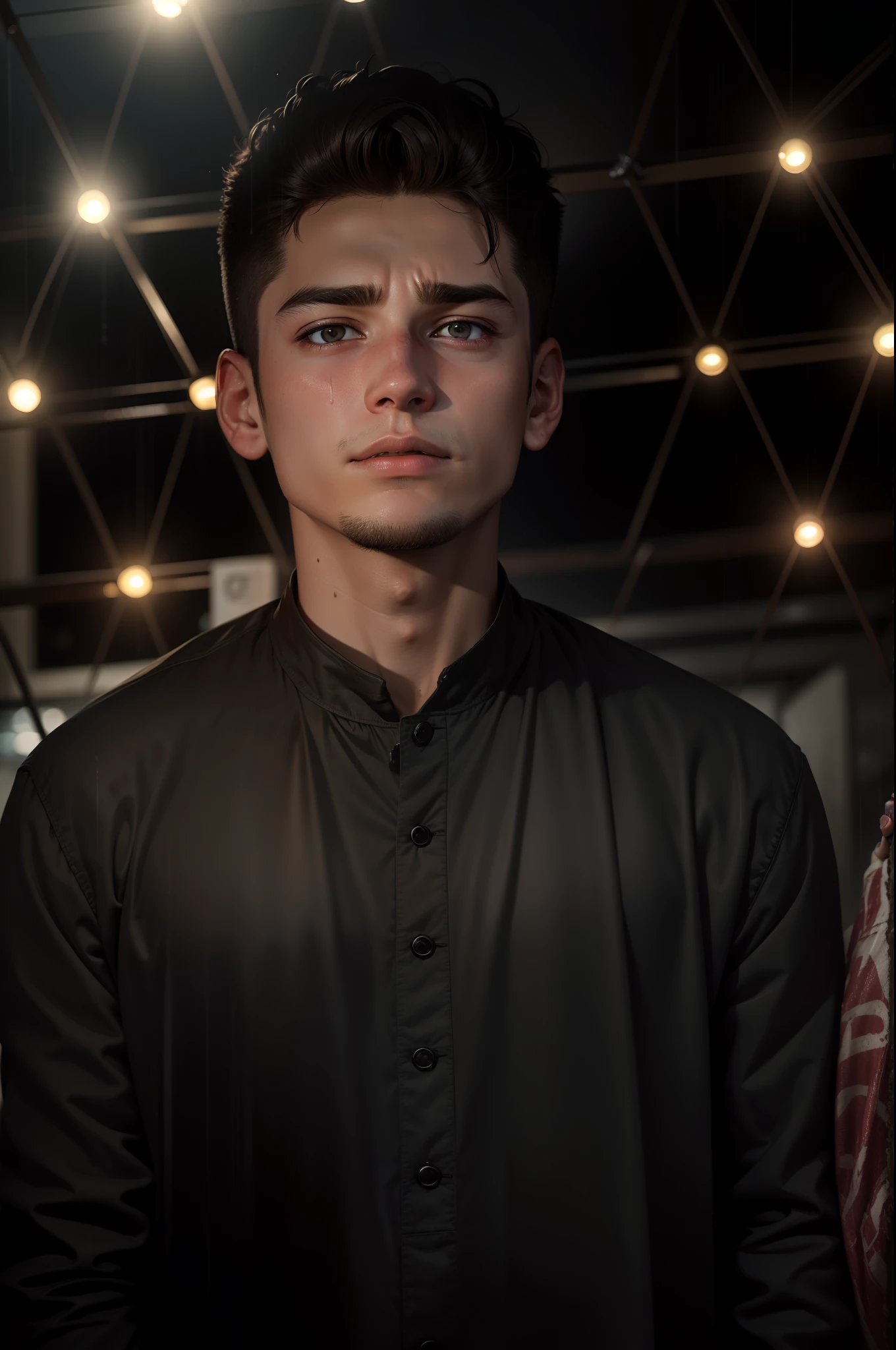 22-year-old young man, with a frightened face, in a humid and rainy setting, with a suspenseful atmosphere, photo taken at night