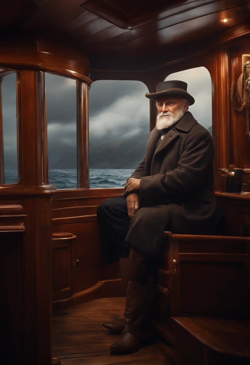 Vieux monsieur avec une barbiche, aboard his boat, dans la cabine d'un bateau, with a background on the ocean, regard de tueur,au centre de l'image , Bottes de pluie noires brillantes, 8k resolution,Wallpaper Masterpiece,Best quality,digital painting,Very meticulous,ultra high quality, Luminous lighting.