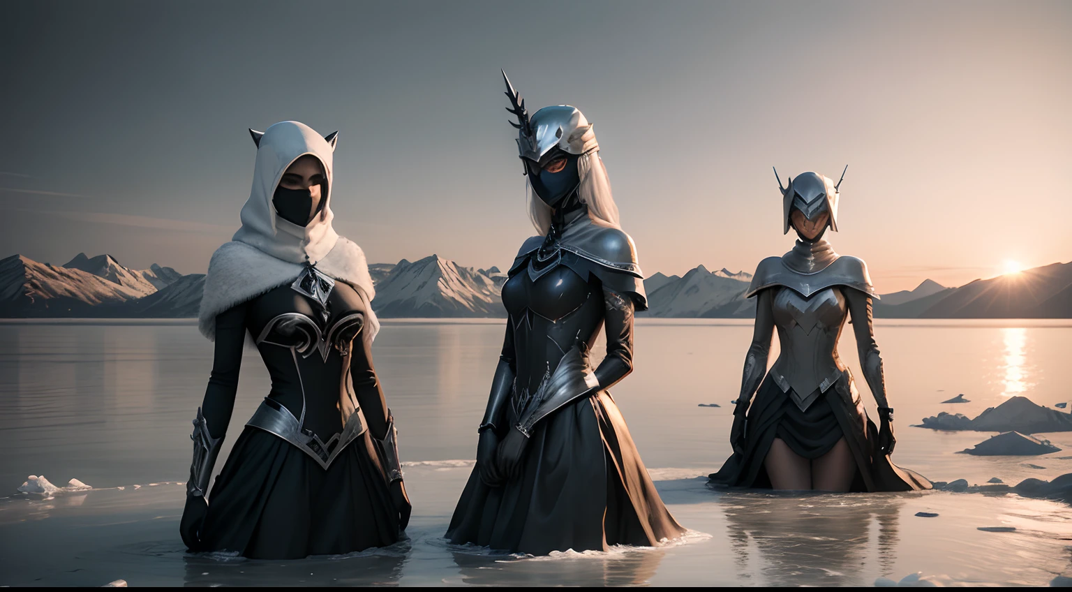 A group of masked women in silver skinny metal thorn suits on the frozen lake,Form a circle,Silver ship,The background is pitch black,detail-rich,Ultra photo realsisim,Nostalgic wasteland style,Dull old photos
