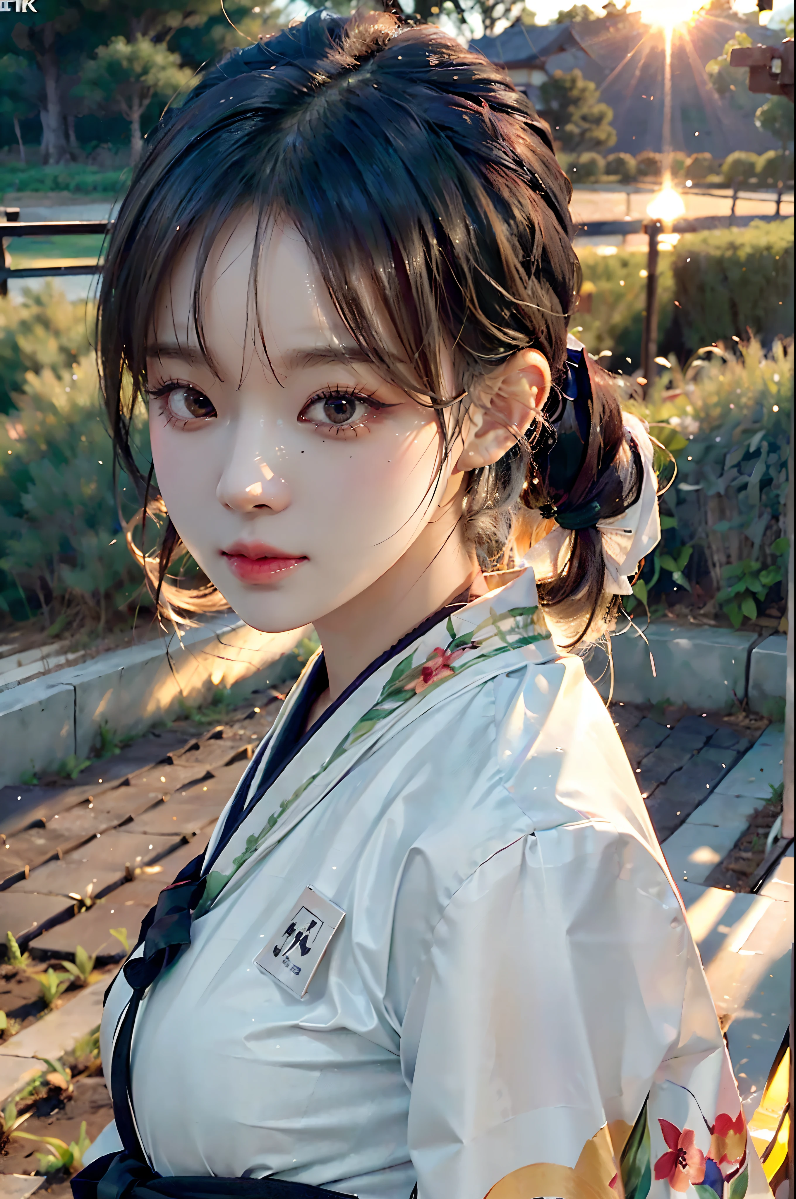 Screen Subject："A girl in a kimono stands in a rice field with a blank expression" Additional Details："Black kimono with silver lining","Hairstyle in a ponytail tied with a black ribbon","Snow shining in the setting sun","The light falling on her face"
Image quality："(Best Quality,4k,8K,high resolucion,Masterpiece:1.2),Ultra-detailed,(realisitic,Photorealistic,Realistis:1.37)"
art style：telegraph
tint：Nature，With warm shades
lamp：Soft sunset light