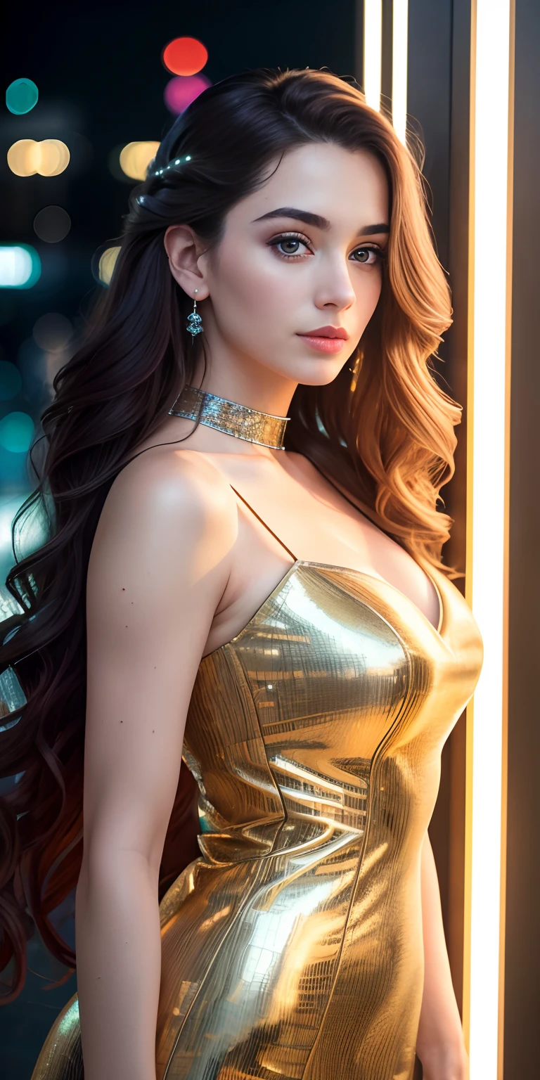 Full face portrait photo of a 25-year-old European girl, RAW, beautiful woman, semi-open strawberry lips, dimples, wistful look, (extra long wavy brown hair), ((detailed face)), ((detailed facial features)), (finely detailed skin), pale skin, (deep neckline detailed high-tech cyberpunk dress), cyberpunk megacity environment, (cool colors), damp, damp, reflections, (masterpiece) (perfect proportion)(realistic photo)(best quality) (detailed) shot on a Canon EOS R5, 50mm lens, F/2.8, HDR, (8k) (wallpaper) (cinematic lighting) (dramatic lighting) (sharp focus) (intricate),RAW photo, gigachad photo, posing for camera, 8k uhd, dslr, high quality, grain film, Fujifilm XT3