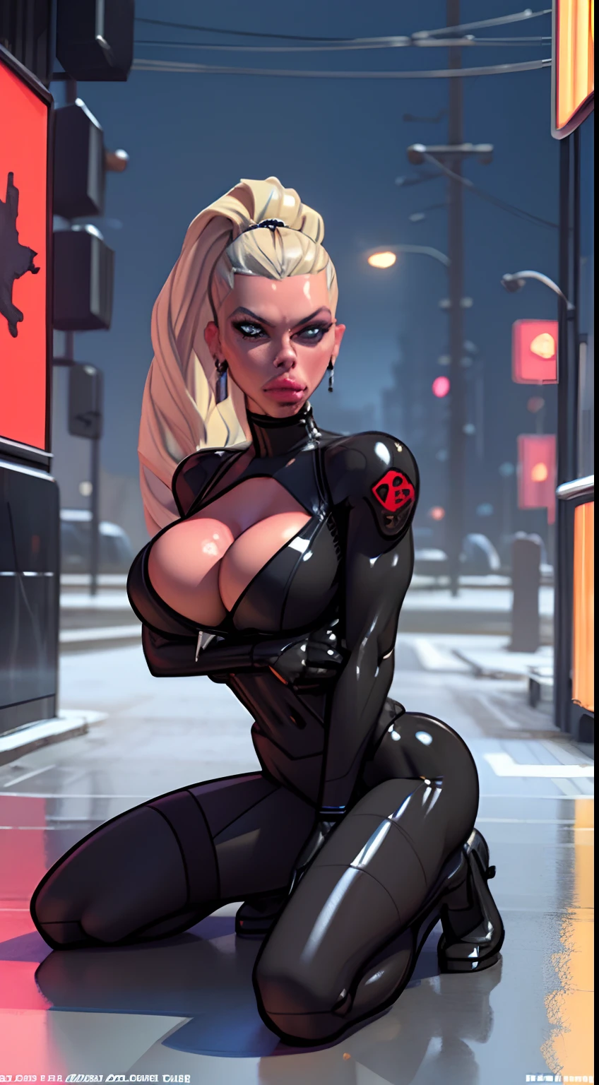 ((Scarjo)), Modern simulation,cyberpunk-style environment wide angle shooting,Nighttime chaotic arcade shots; A woman in street clothes;Sci-fi, 3D. Environmental arcade art.,cyber punk perssonage,Firearms, gigantic breasts, slender abs, detailed face, beautiful, ((puffy lips)), big eyes, bodysuit, thigh highs, straps, ((3d render)), shiny skin, latex, intricacies, perfect body, masterpiece, HD, long hair, ponytail, long hair bangs, ((cleavage cutout)),