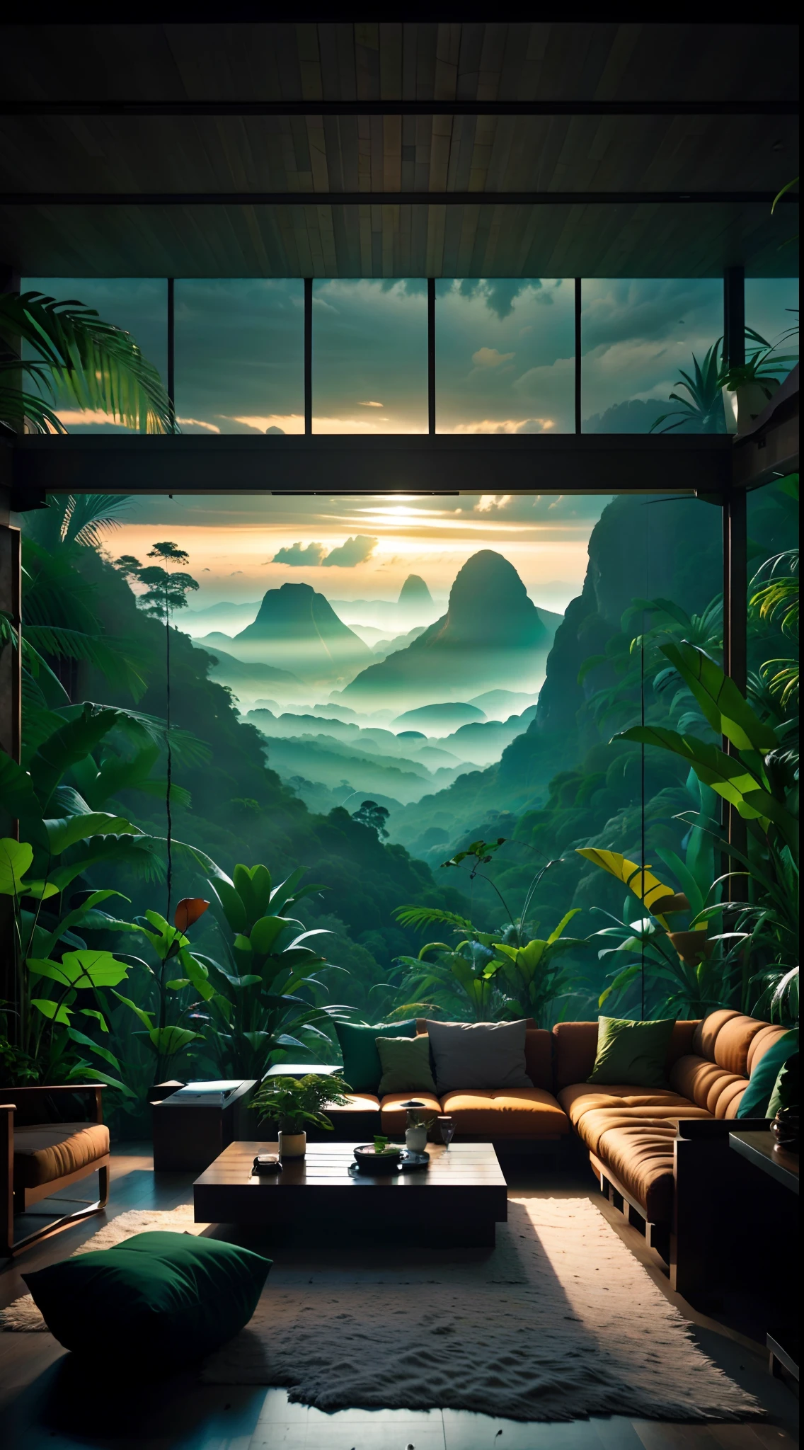 Sala de estar com vista para uma montanha e uma floresta, mountainous jungle setting, jungle setting, Como uma cena de Blade Runner, magical ambiance, pintura escura ultrarrealista, em um ambiente de selva, pleasant environment, floresta nublada, Selva bonita, ambiente mal-humorado, Selva exuberante, Inside an alien jungle, Plantas e selva, montanhas da floresta tropical, ambiente relaxante