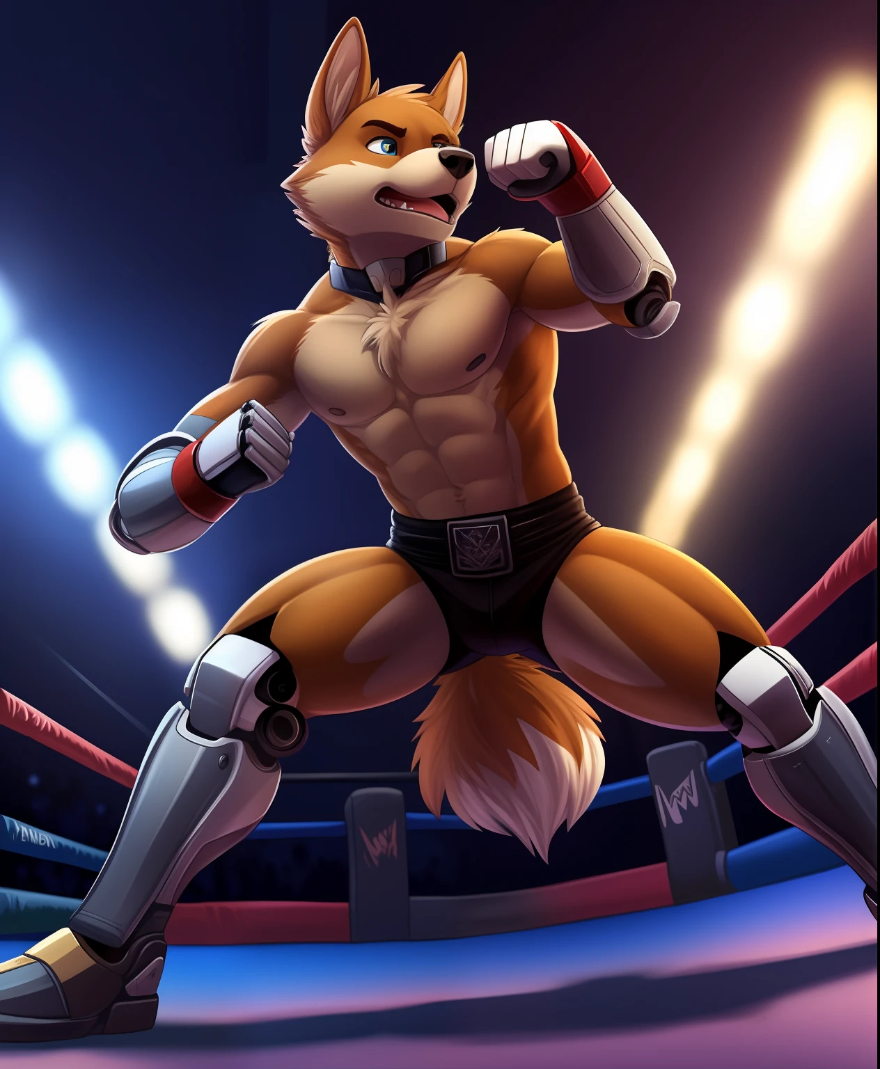 Jackson Wells the brown anthro dog with a left robotic arm, fighting pose