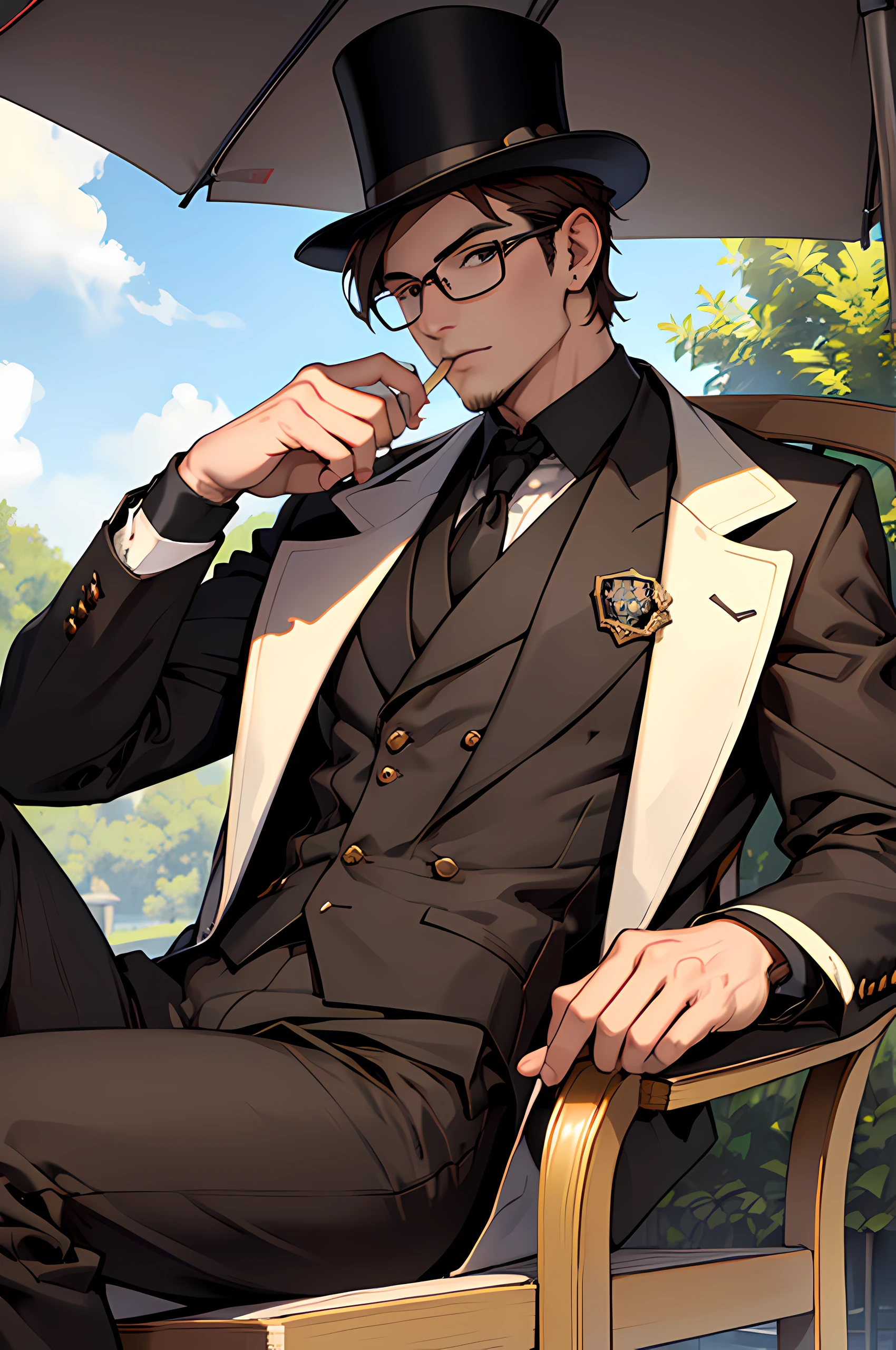 (best quality,highres,ultra-detailed) A man with brown hair wearing black clothes, glasses, and a top hat. He has short hair. Sitting on a Chair under a umbrella. Drink some Tea. Sunshine.