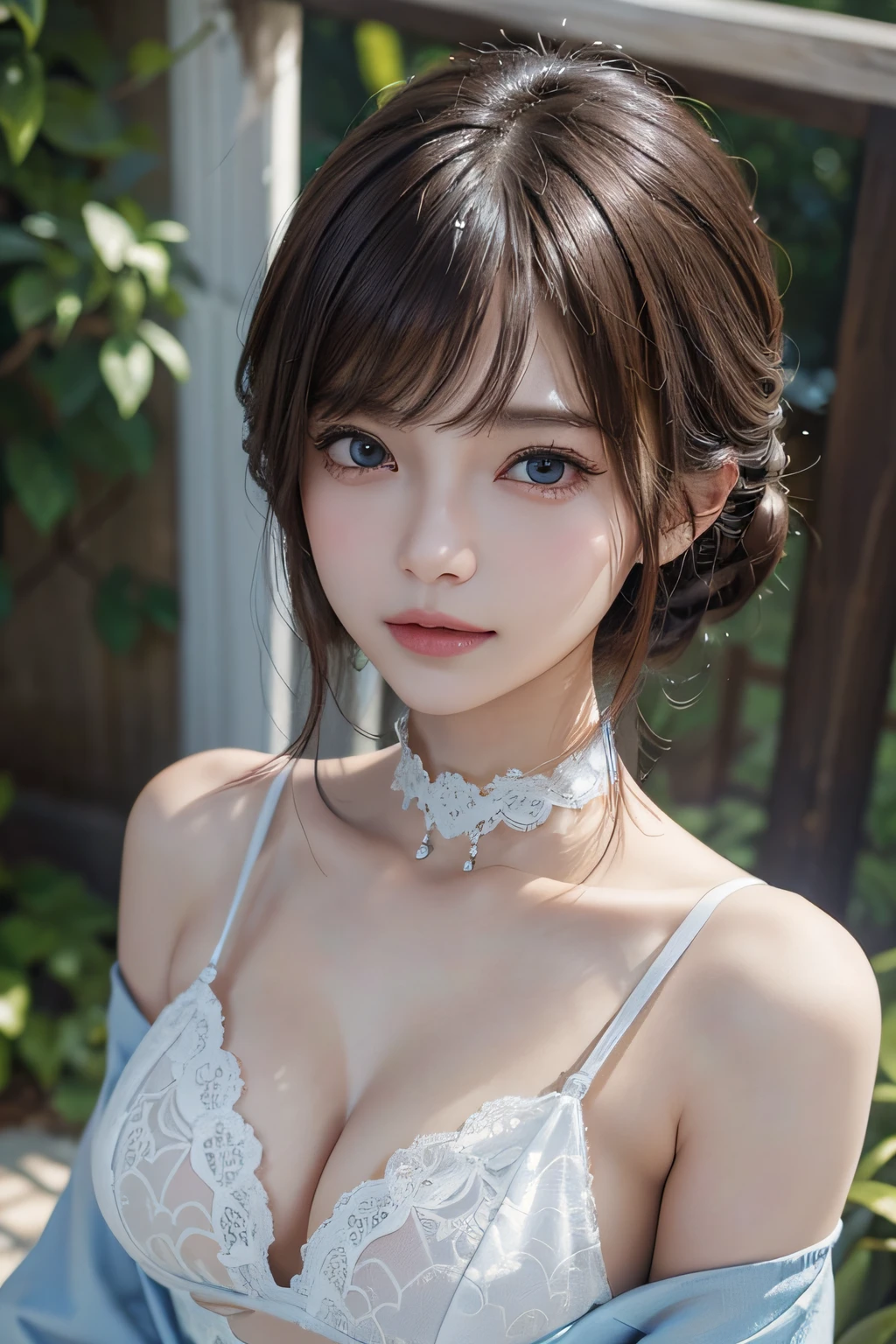 ​masterpiece, 1 beautiful girl, A detailed eye, Swollen eyes, top-quality, 超A high resolution, (reality: 1.4), 电影灯光, japanes, Trendy Korean Cosmetics、a asian beauty, very extremely beautiful, Beautiful skins, A slender, Forward-facing body, (A hyper-realistic), (hight resolution), (8K), (ighly detailed), ( Best Illustration), (beautifully detailed eyes), (ultra-detailliert), (wall-paper), 详细的脸, Bright lighting, Professional Lighting, looking at the viewers, Facing straight ahead、a pixie cut、Neat and clean clothing、background slightly blurred、Hair color is brown hair、Hair color is partially bright blue、Japanese high school  girl、Bodysuit with white lace、Amazing smile、Eye color is brown、medium breasts⁩、cleavage of the breast、wetted skin、a choker