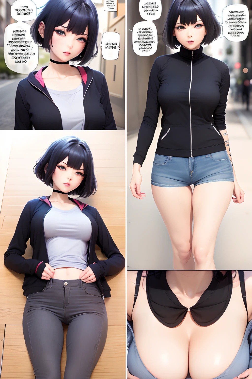 sticker pack, manga, png, multi-page, ((minimalistic)), (cute chibi anime girl, blue short hair, jacket, shirt, jeans), diffrent poses, streets on background