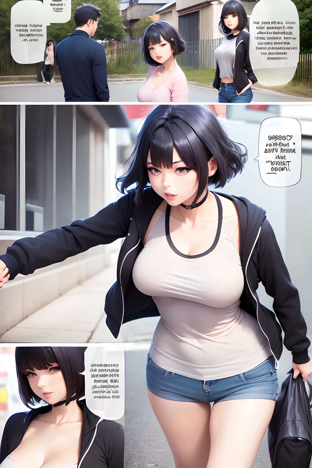 sticker pack, manga, png, multi-page, ((minimalistic)), (cute chibi anime girl, blue short hair, jacket, shirt, jeans), diffrent poses, streets on background