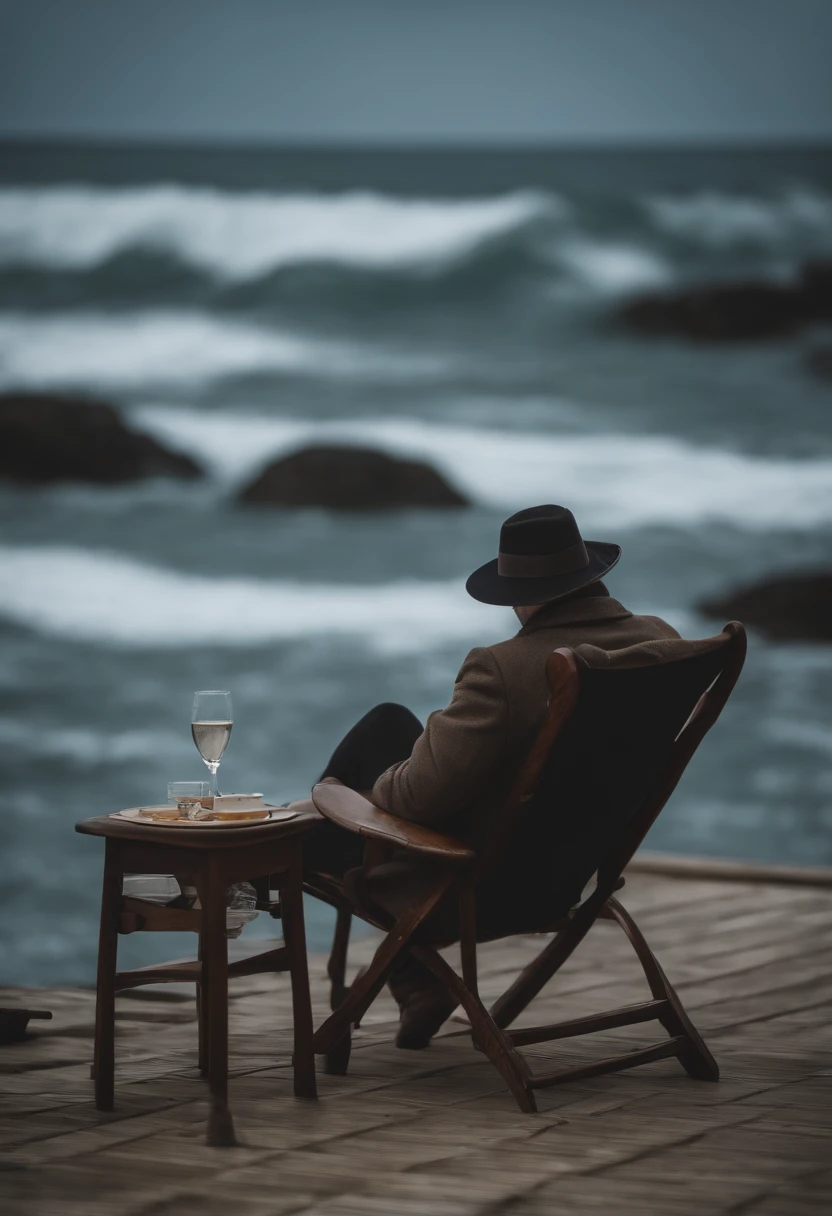 Vieux monsieur avec une barbiche，Sitting on a chair，Les yeux regardent les bottes，Bottes de pluie noires brillantes, 8k resolution,Wallpaper Masterpiece，Best quality，Very meticulous，ultra high quality, au centre de l'image, Ocean Background, au bord d'un navire