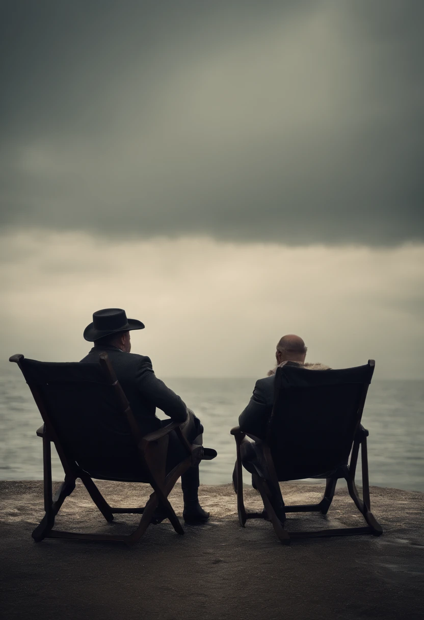 Vieux monsieur avec une barbiche,Sitting on a chair,Les yeux regardent les bottes,Bottes de pluie noires brillantes, 8k resolution,Wallpaper Masterpiece,Best quality,Very meticulous,ultra high quality, au centre de l'image, Ocean Background, au bord d'un navire