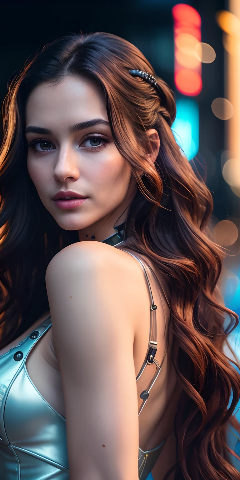 Full face portrait photo of a 25-year-old European girl, RAW, beautiful woman, semi-open strawberry lips, dimples, wistful look, (extra long wavy brown hair), ((detailed face)), ((detailed facial features)), (finely detailed skin), pale skin, (deep neckline detailed high-tech cyberpunk dress), cyberpunk megacity environment, (cool colors), damp, damp, reflections, (masterpiece) (perfect proportion)(realistic photo)(best quality)  (detailed) shot on a Canon EOS R5, 50mm lens, F/2.8, HDR, (8k) (wallpaper) (cinematic lighting) (dramatic lighting) (sharp focus) (intricate),RAW photo, gigachad photo, posing for camera, 8k uhd, dslr, high quality, grain film, Fujifilm XT3