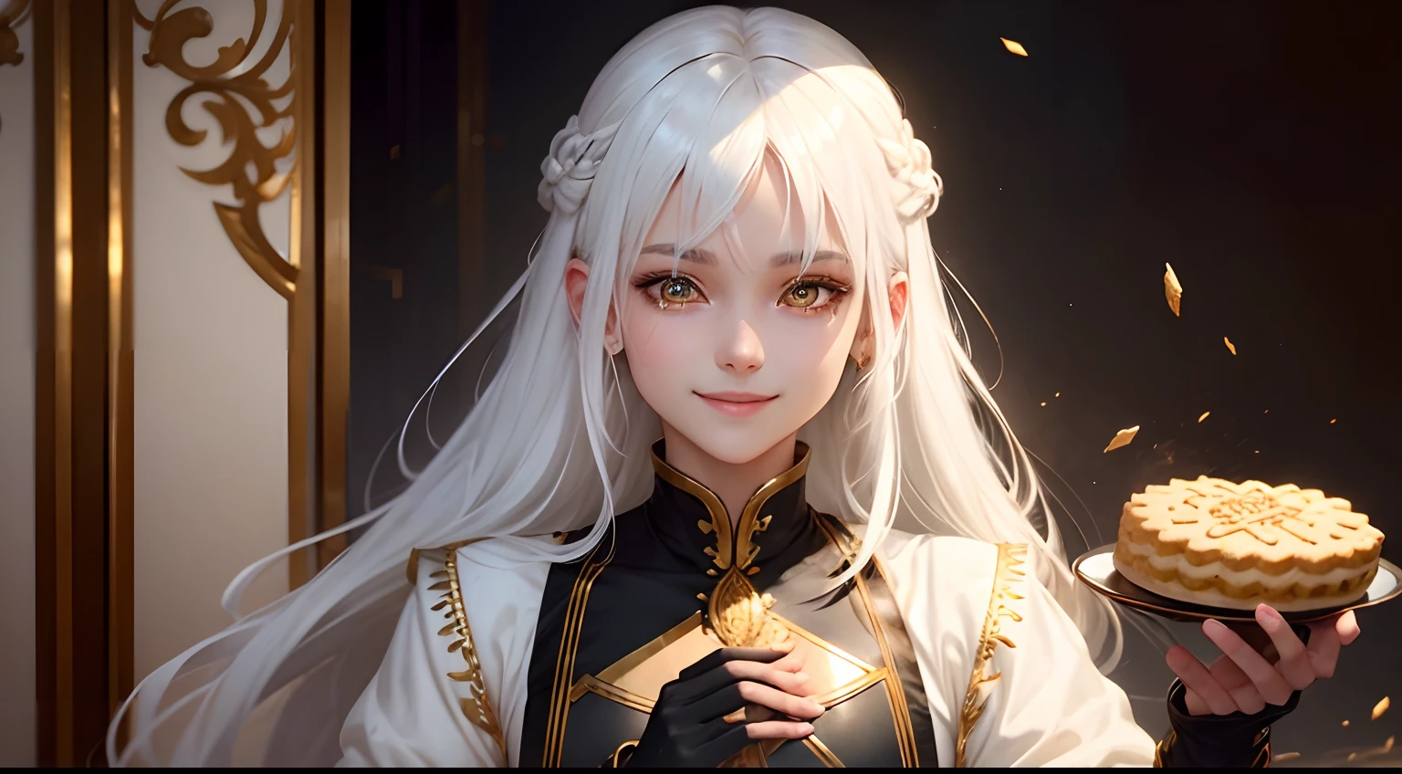 best quality, white hair, gold eyes, black clothes, upper body, hair strand, Fair skin, smiling, eating biscuit