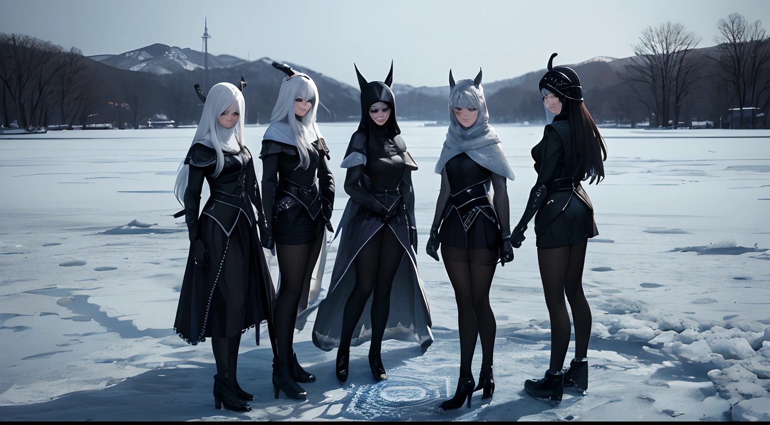 On the frozen lake, a group of masked women wearing silver tight metal thorn suits，Form a circle，Silver ship，The background is pitch black，detail-rich，Ultra photo realsisim，Nostalgic wasteland style，Dull old photos
