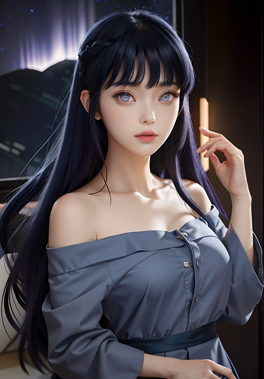 a close up of a person with long hair and a hoodie, hinata hyuga, hinata hyuga from naruto, from naruto, as an anime character, perfect anime face, she has dark blue hair with bangs, female anime character, anime character, anime best girl, hime cut hairstyle, dark blue hair, (red glossy lips:1.3), light purple eyes, , realistic, ultra detail, indoor background