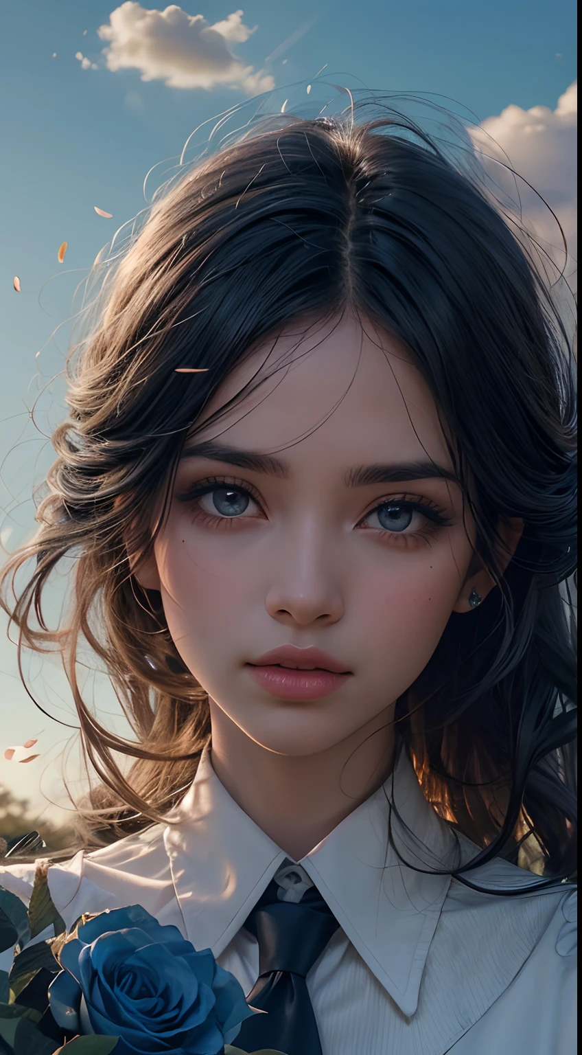 1 mulher madura com cabelo curto loiro com franja (cabelo voando no ar) (olhos castanhos) roupa laranja da princesa, (master part), luz solar suave, (incrivelmente colorido), lightning falling to the ground, luz suave em seu rosto, (Ultra alta qualidade), (Qualidade 8k), profundidade de campo, ambient lighting, ((Detalhe suave)), fundo azul do campo rosa (Blue rose petals flying in the air), (max afiado) (Rosto detalhado) (Olhos detalhados), Detailed lighting, sombra perfeita, master part, melhor qualidade de imagem, paisagem da natureza cheia de folhas delicadas, petals of various colors slowly falling into the air, Excellent enough lighting, qualidade de imagem geral muito detalhada e realista, Best illustration and best shadow effect.