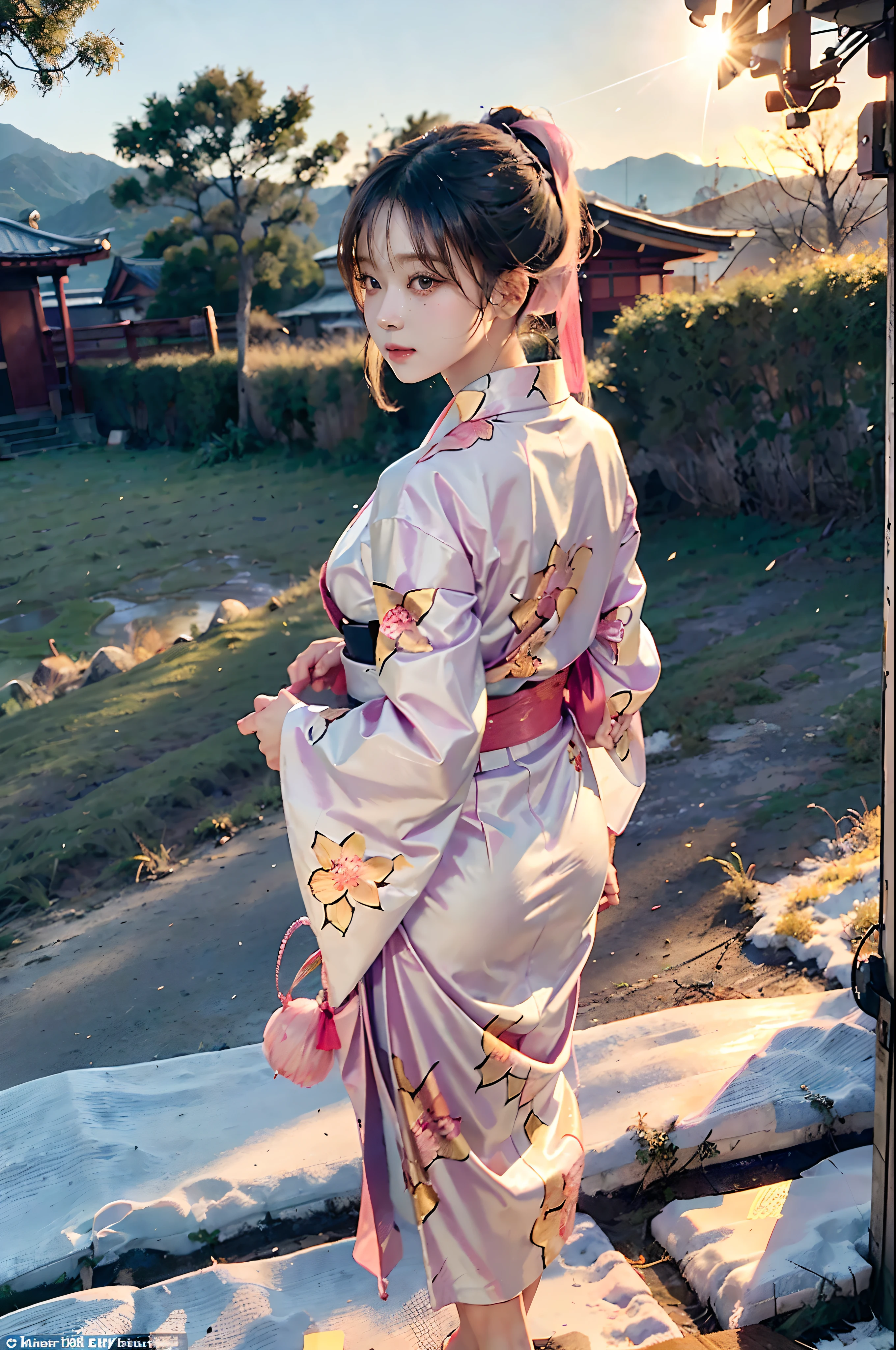 Setting.
Screen Title："A girl in a kimono stands in a rice field with a blank expression" With a sad look, He looked up at the sky, Crowded sky background,
material："Illustration"
Additional Details："Thin pink yukata","Ponytail hairstyle, Tie with a yellow ribbon","Snow glittering in the setting sun","The light falling on her face"
Image quality："(Best Quality,4k,8K,high resolucion,Masterpiece:1.2),Ultra-detailed,(realisitic,Photorealistic,Realistis:1.37)"
art style：Full-body buttock rear view fuse
tint：Nature，With warm shades
lamp：Soft sunset light