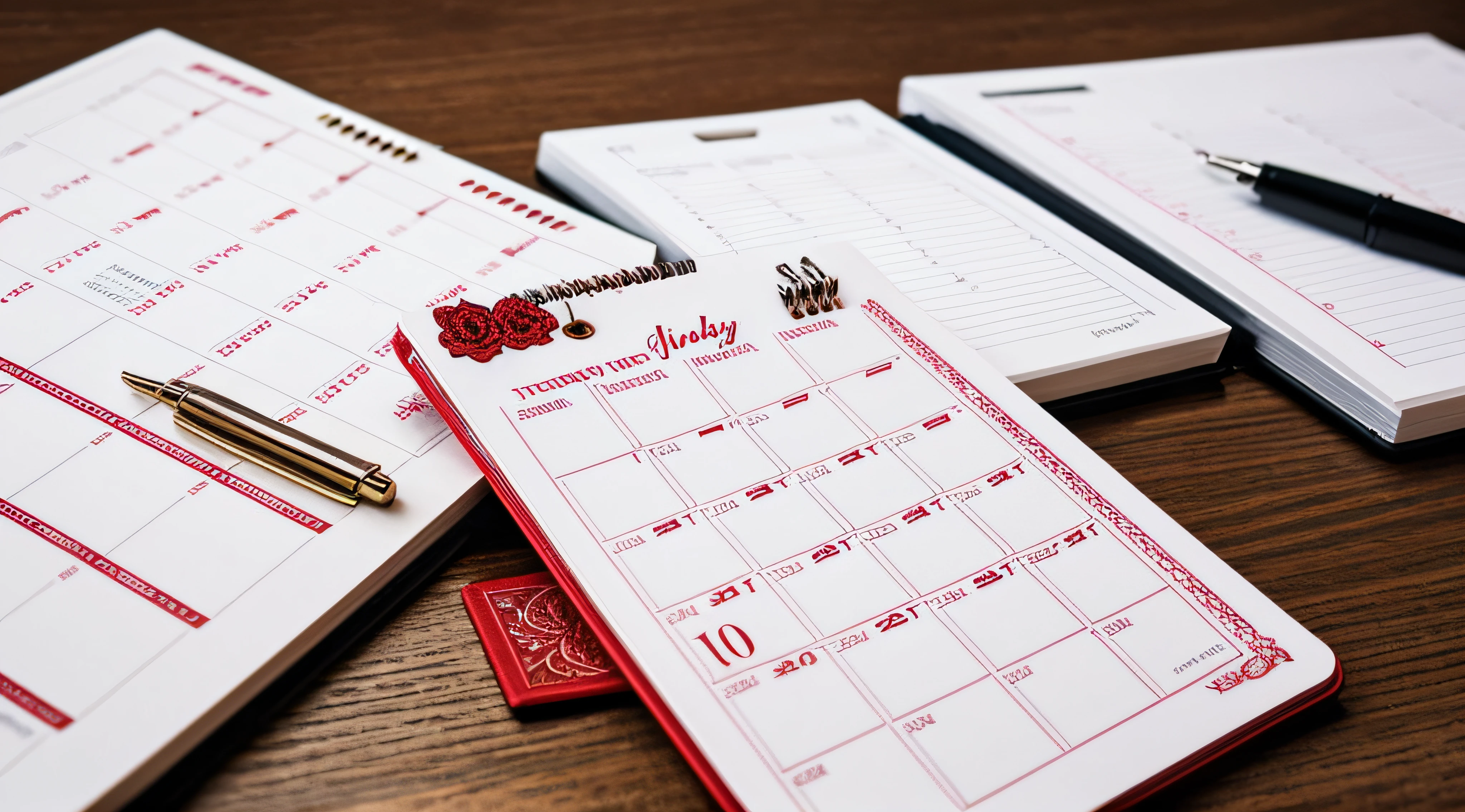 Embroidered red pins on a calendar event Planner calendar,clock to set timetable organize schedule,planning for business meeting or travel planning concept.
